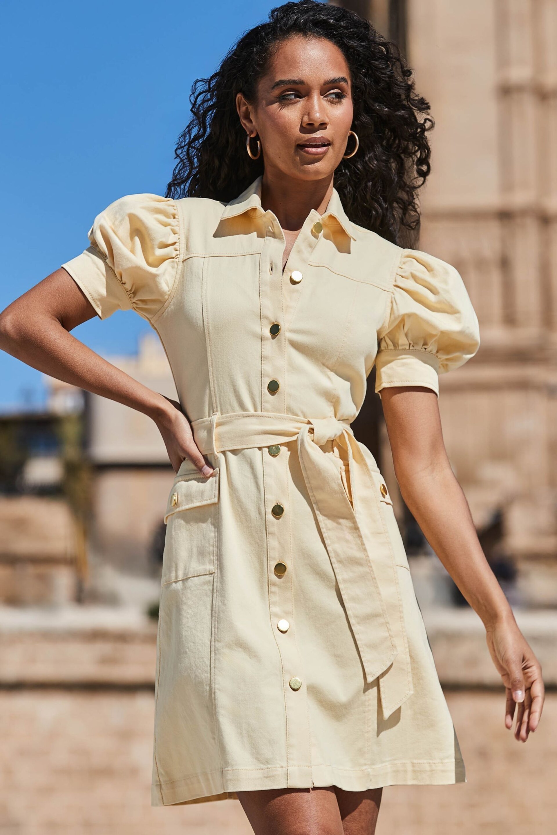 Sosandar Yellow Petite Petite Puff Sleeve Belted Denim Dress - Image 3 of 6