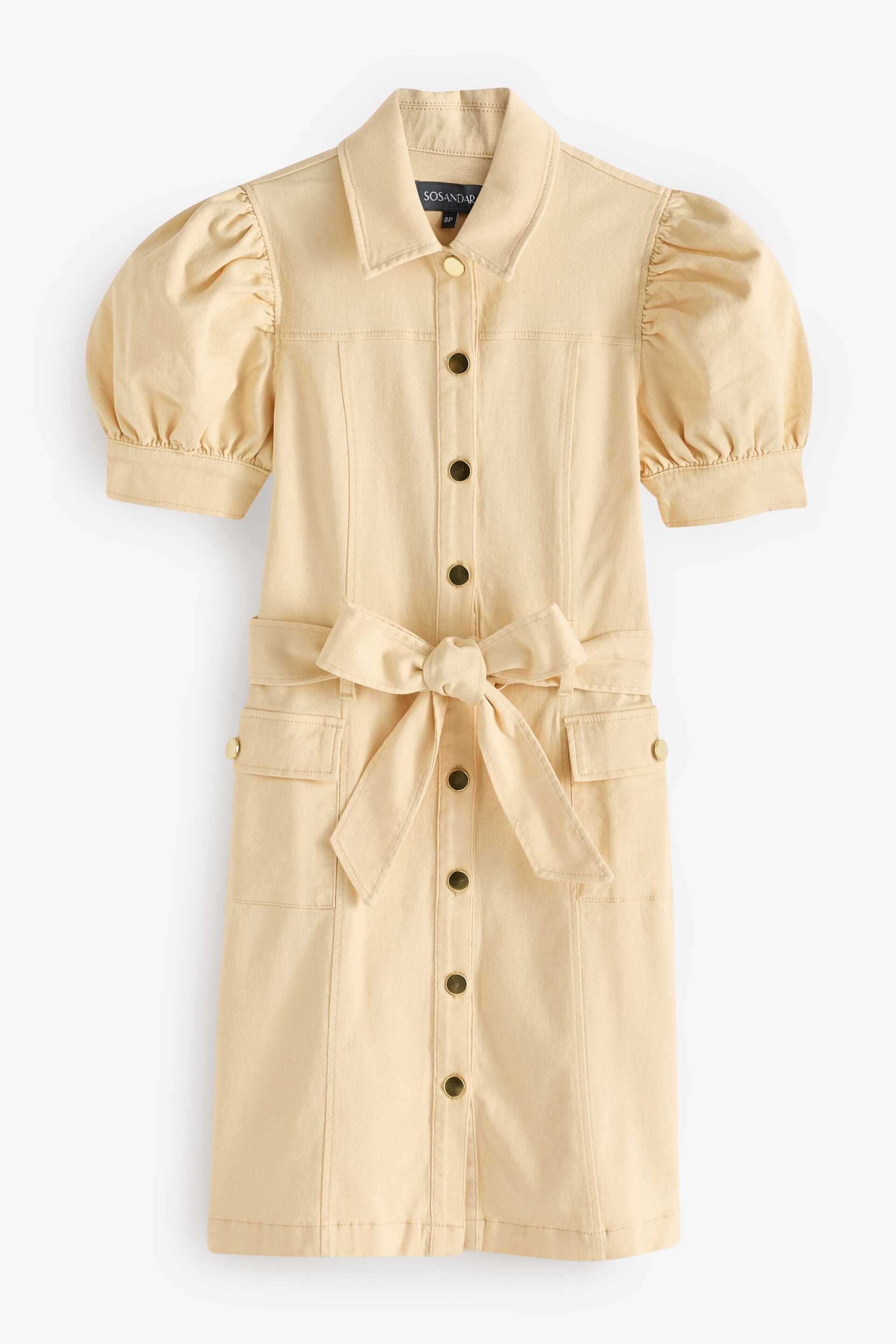 Sosandar Yellow Petite Petite Puff Sleeve Belted Denim Dress - Image 6 of 6