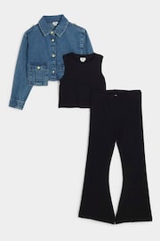 River Island Blue Girls Denim 100% Cotton Crop Boxy Shirt and Flare Set 3 Piece - Image 1 of 4