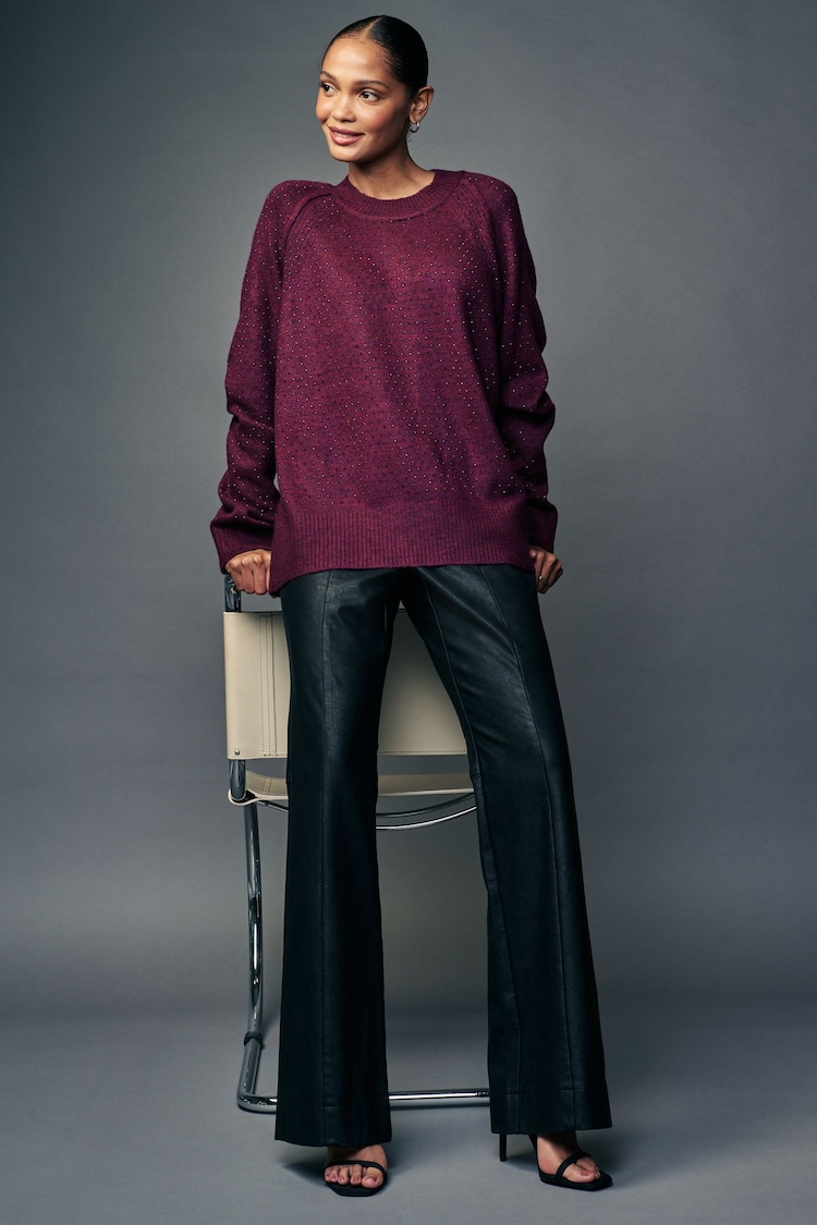 Red Berry Sparkle Seam Detail Crew Neck Jumper with Wool - Image 2 of 7