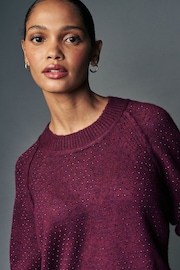 Red Berry Sparkle Seam Detail Crew Neck Jumper with Wool - Image 4 of 7