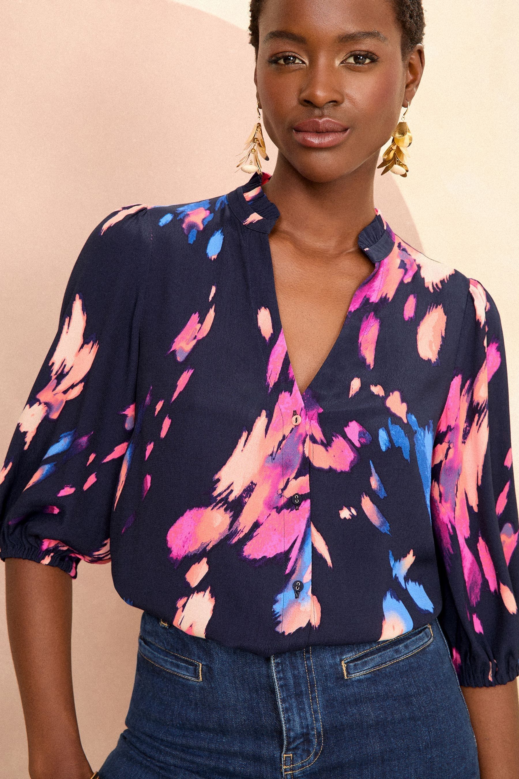 Navy blue ruffle blouse shop