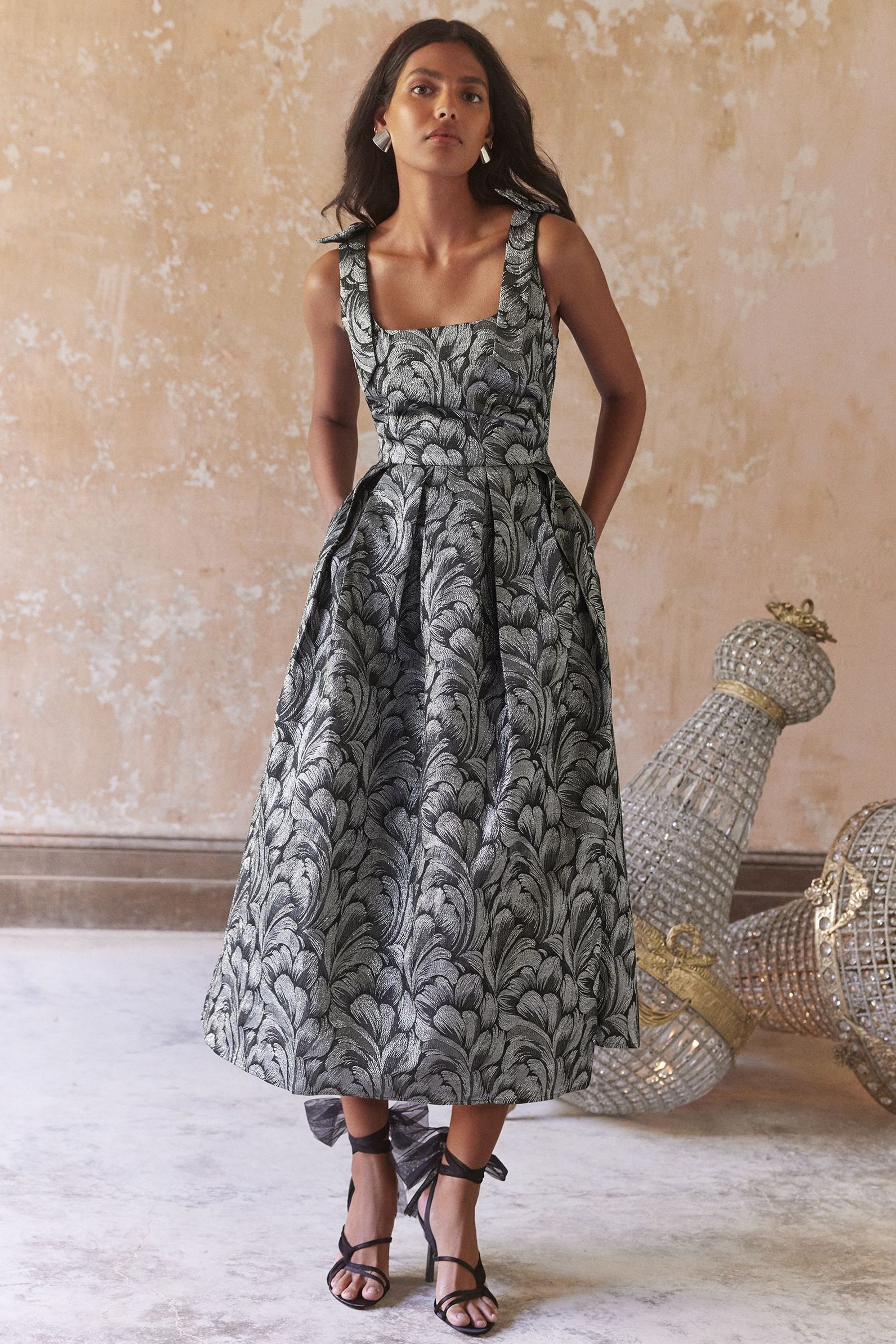 Buy Love Roses Silver Feather Jacquard Structured Midi Dress from Next Luxembourg