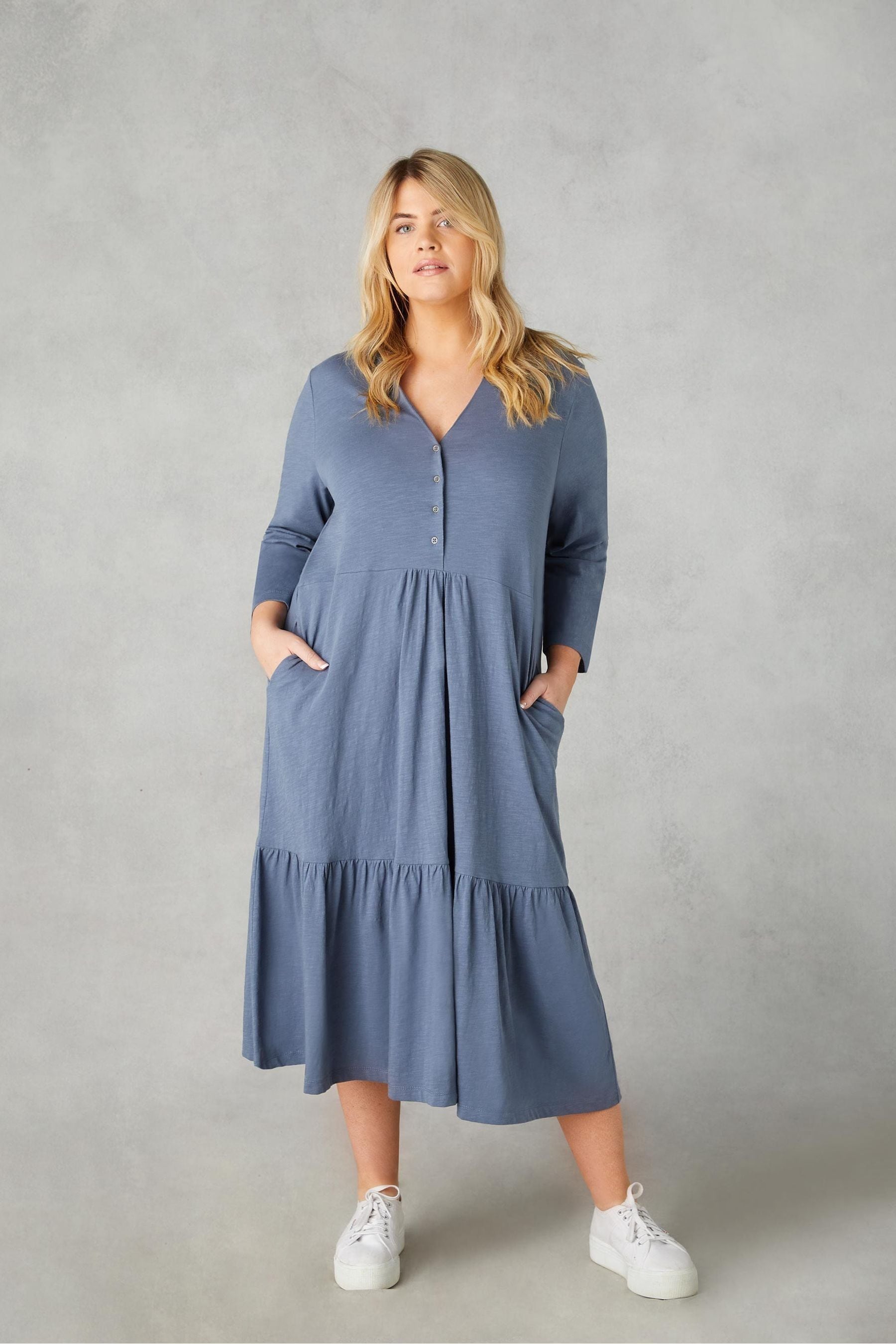 Buy Live Unlimited Blue Curve Cotton Slub Button Front Midi Dress from Next Luxembourg