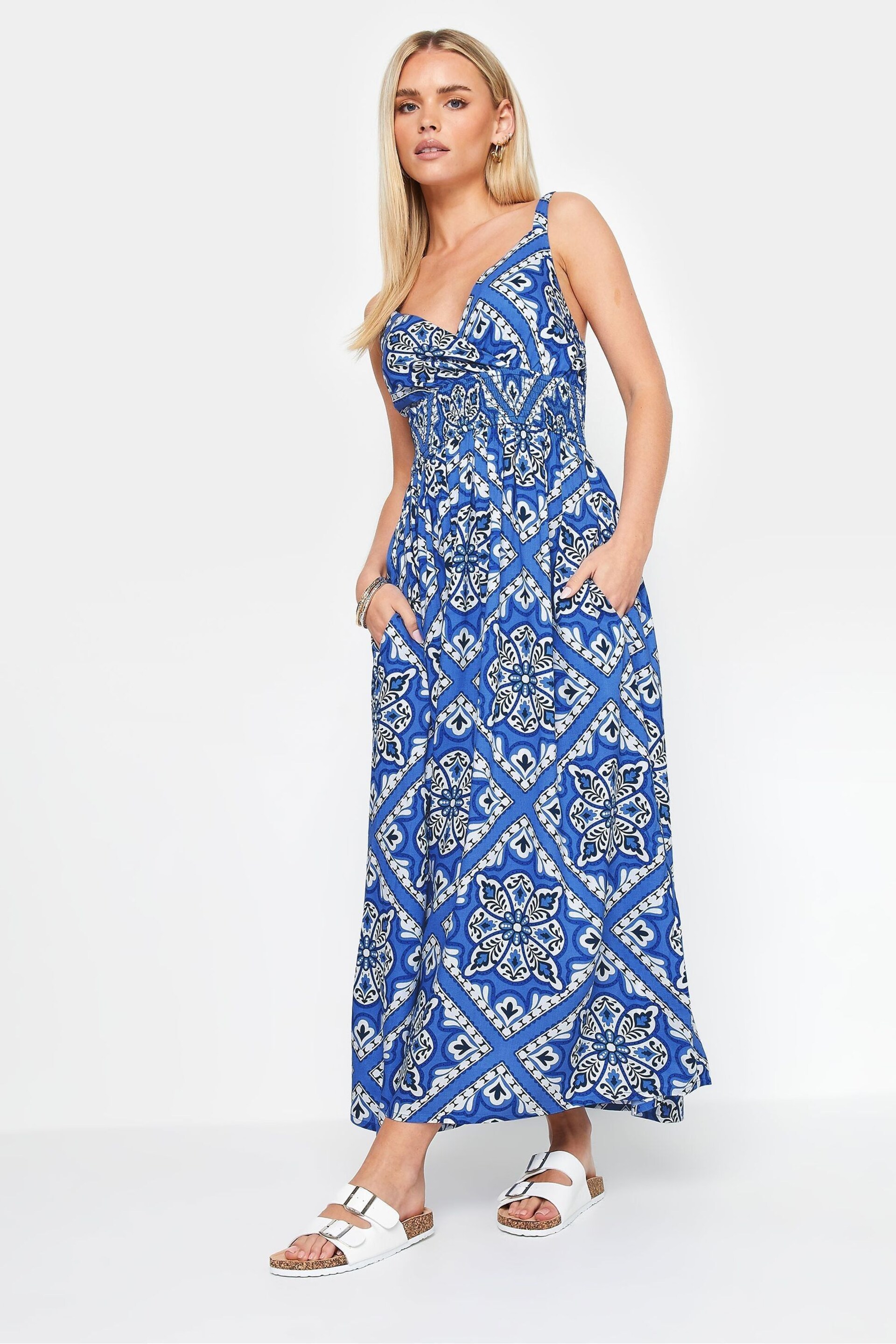 PixieGirl Petite Blue Tile Print Maxi Dress - Image 2 of 6