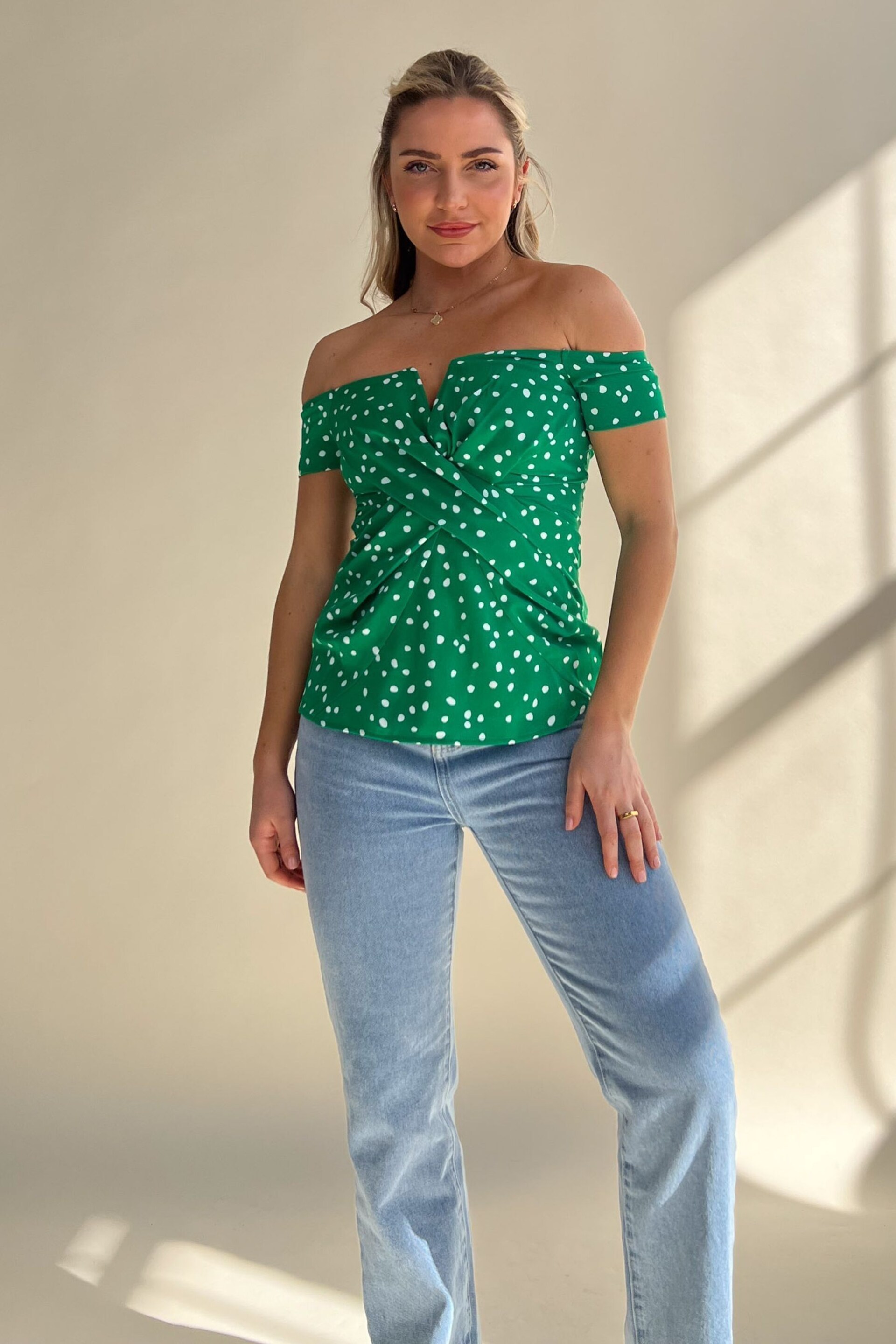 Girl In Mind Green Polka Dot Monica Off The Shoulder Top - Image 1 of 4