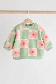 Green/Pink Checkerboard Flowers Cosy Fleece Baby Jumper & Joggers Set - Image 3 of 13