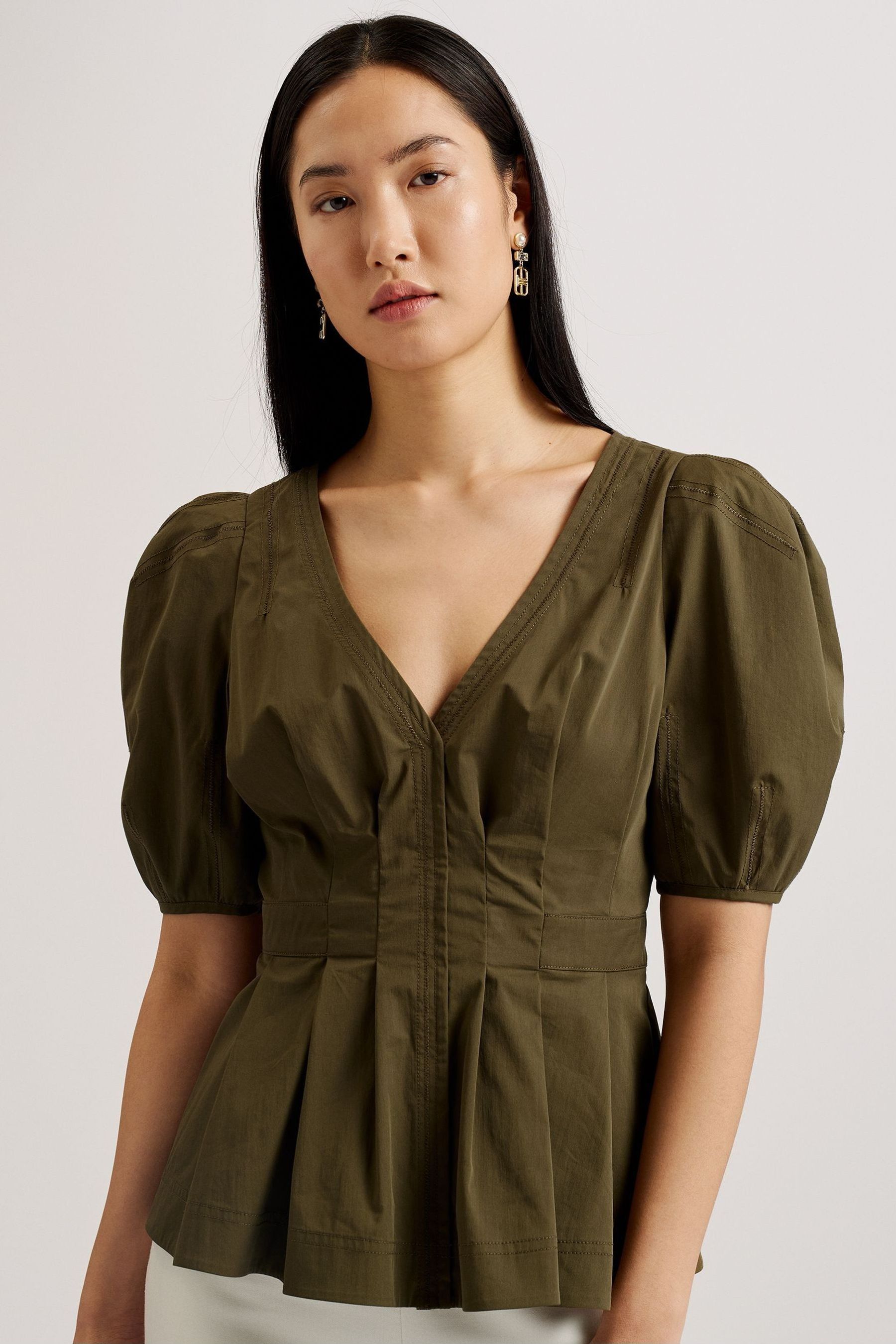 Buy Ted Baker Green Burdur Stitch Detail Puff Sleeve Top from Next Luxembourg