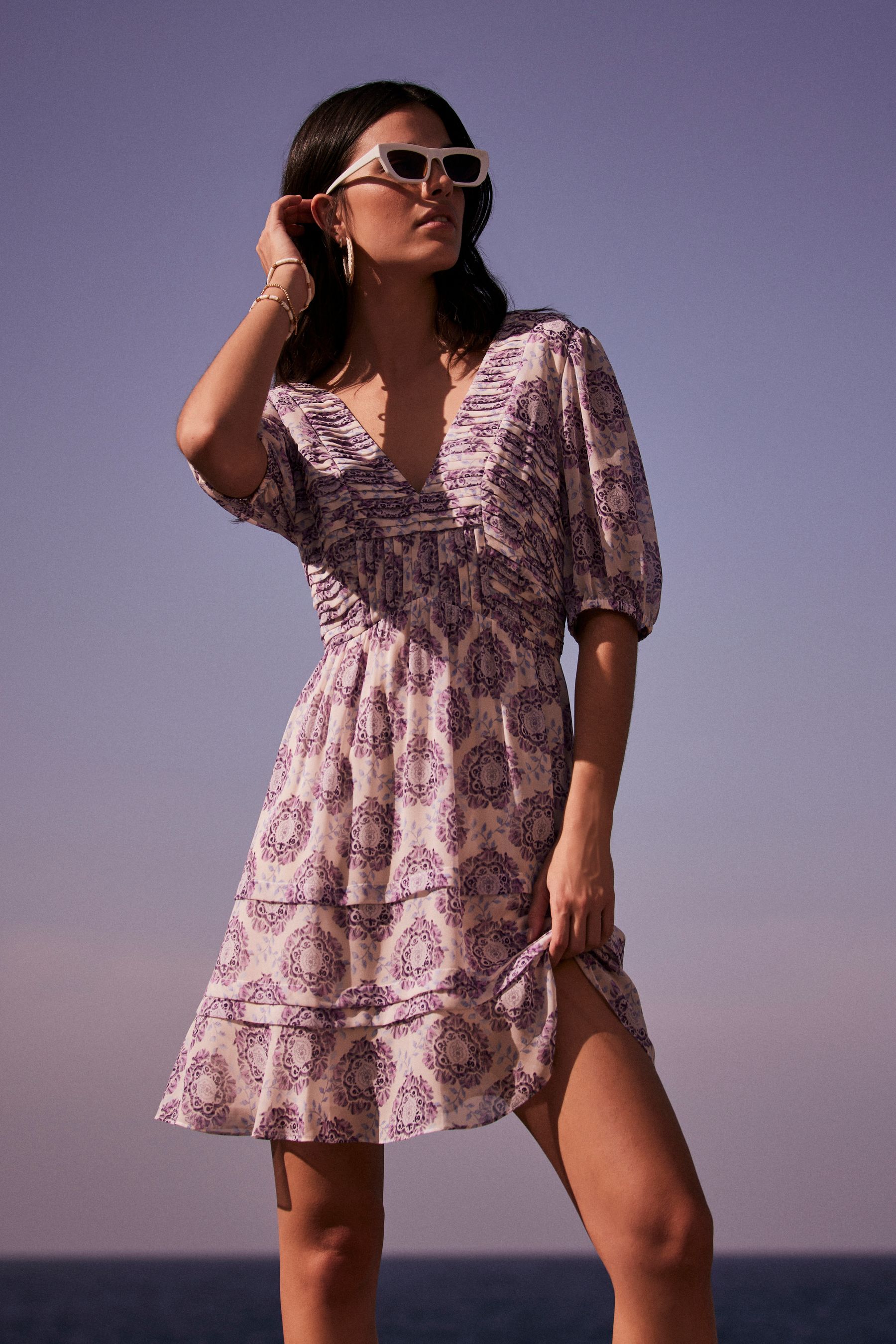 Buy Mint Velvet Purple Floral Pleat Mini Dress from Next Luxembourg