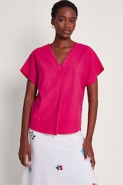 Monsoon Pink Viola V-Neck Pintuck Linen Blend Blouse - Image 3 of 4