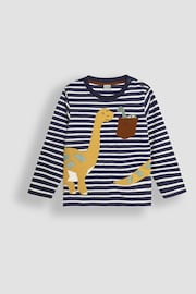 JoJo Maman Bébé Navy Ecru Stripe Diplodocus Appliqué Pocket Top - Image 1 of 3