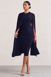 Club L London Navy Blue Marysol Asymmetric Cape Midi Dress - Image 1 of 5