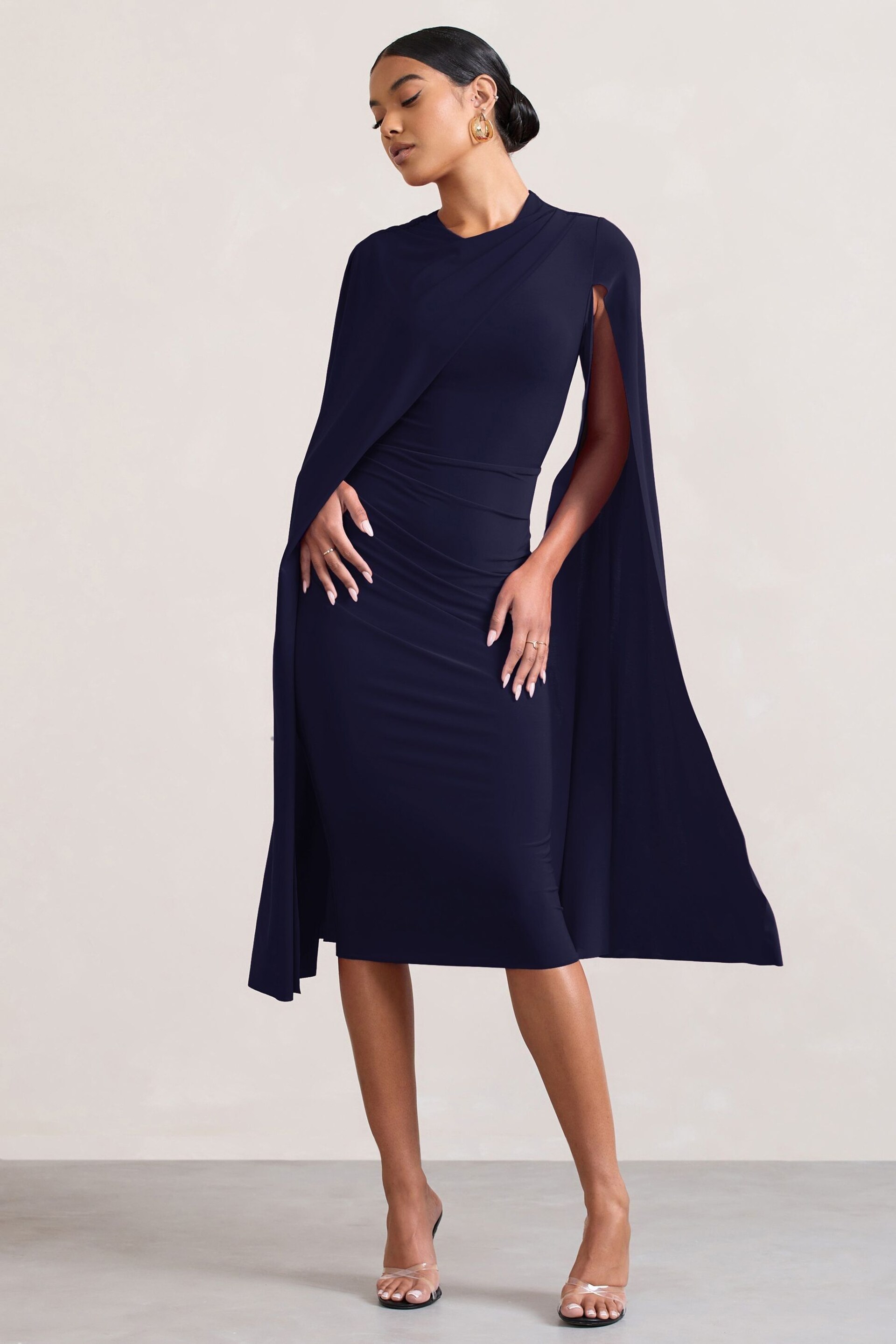 Club L London Navy Blue Marysol Asymmetric Cape Midi Dress - Image 3 of 5