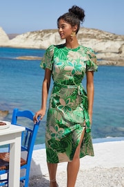 Friends Like These Green Flutter Sleeve Printed Satin Midi Summer Dress - Image 1 of 4