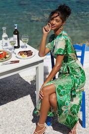 Friends Like These Green Flutter Sleeve Printed Satin Midi Summer Dress - Image 2 of 4