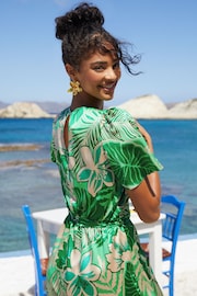 Friends Like These Green Flutter Sleeve Printed Satin Midi Summer Dress - Image 3 of 4