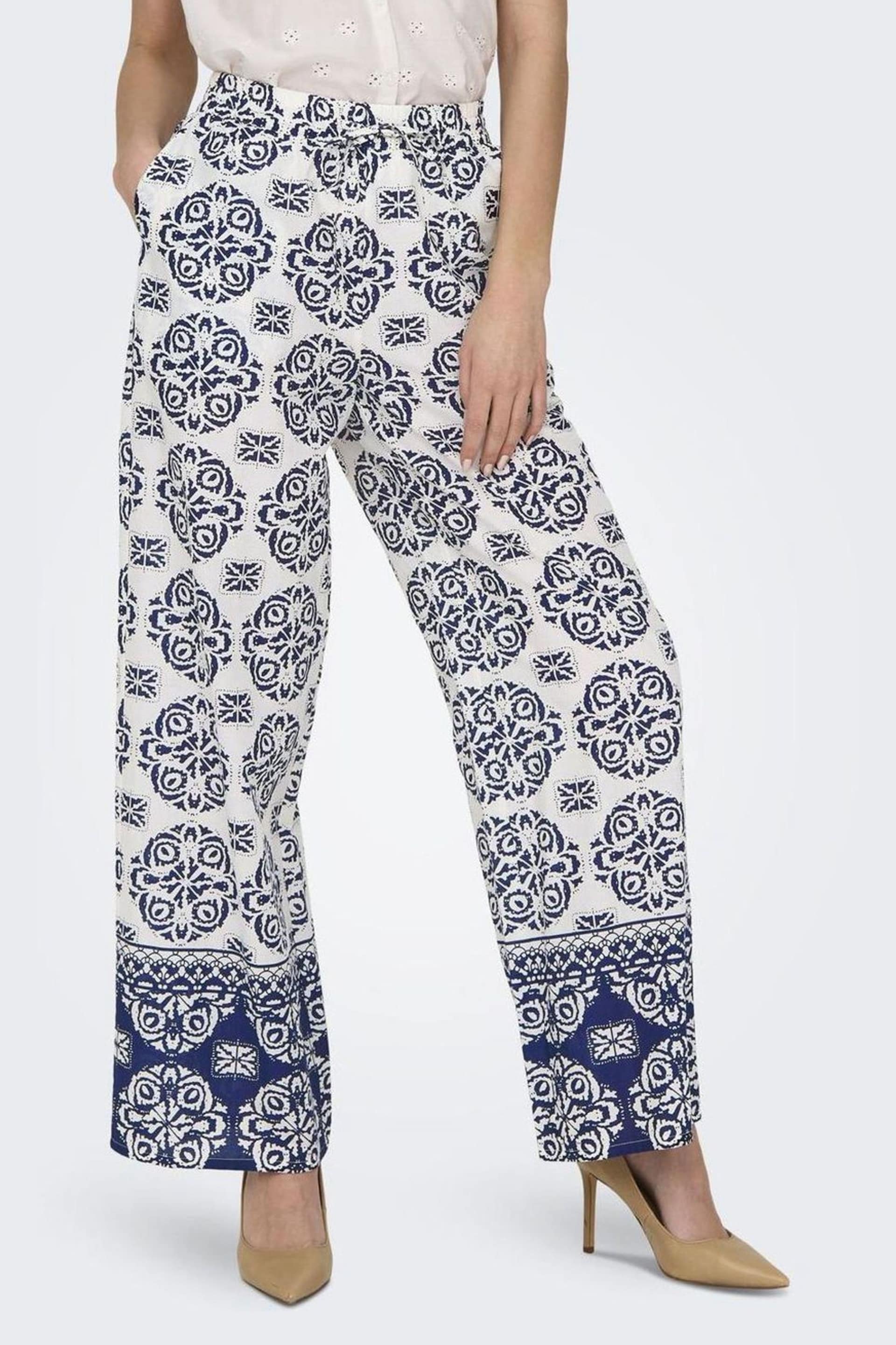JDY Blue Mosaic Border Print Wide Leg Trousers - Image 1 of 4