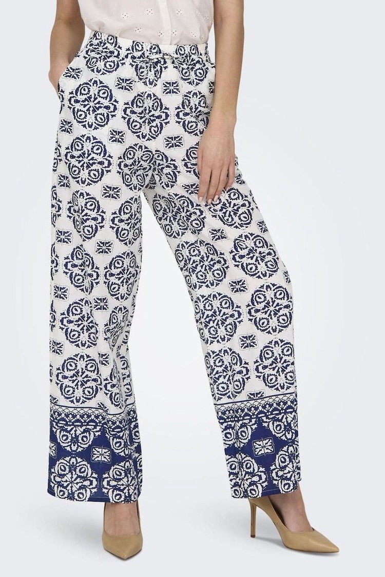 JDY Blue Mosaic Border Print Wide Leg 100% Cotton Trousers - Image 1 of 4