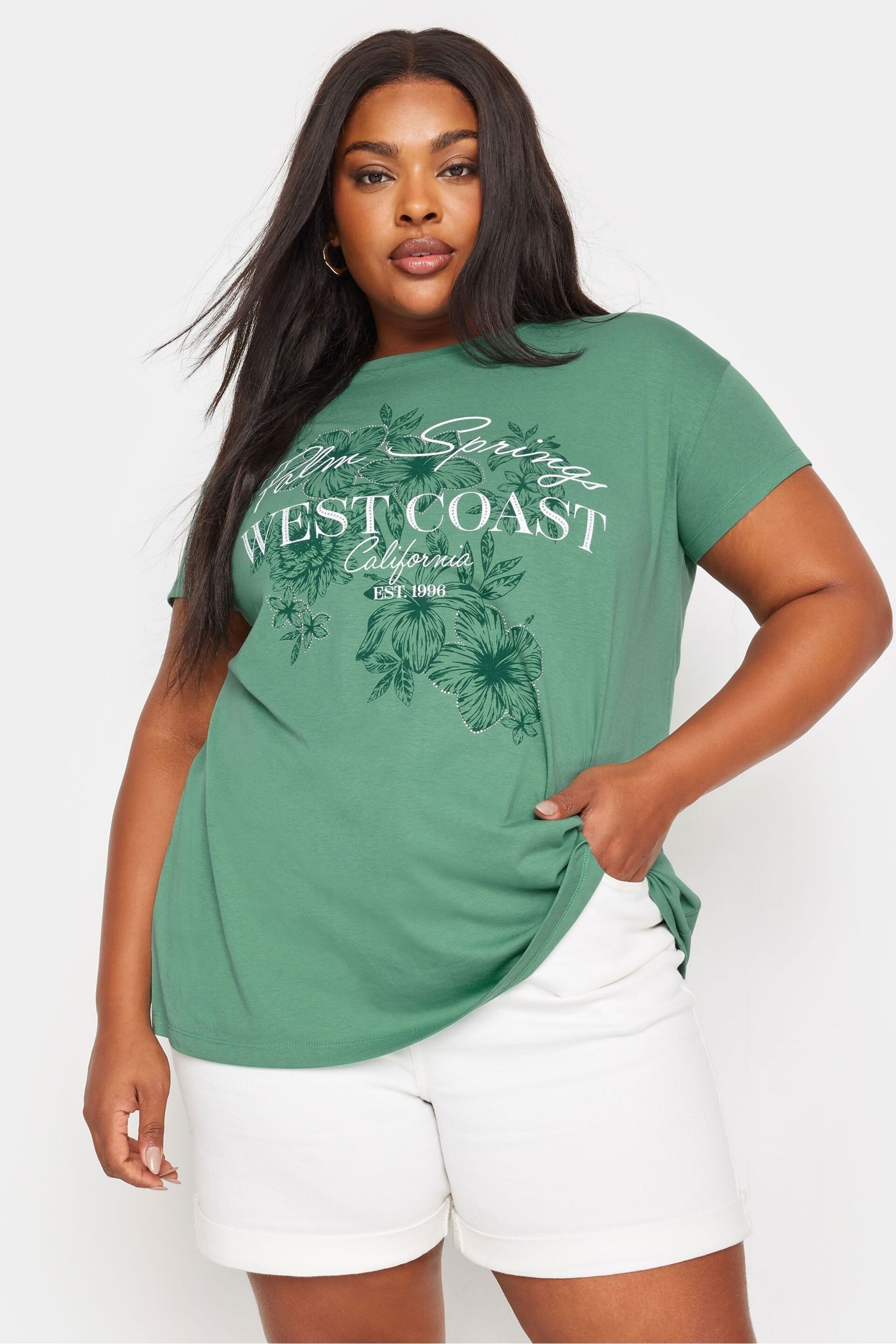 Yours Curve Green 'West Coast' Slogan T-Shirt - Image 1 of 6