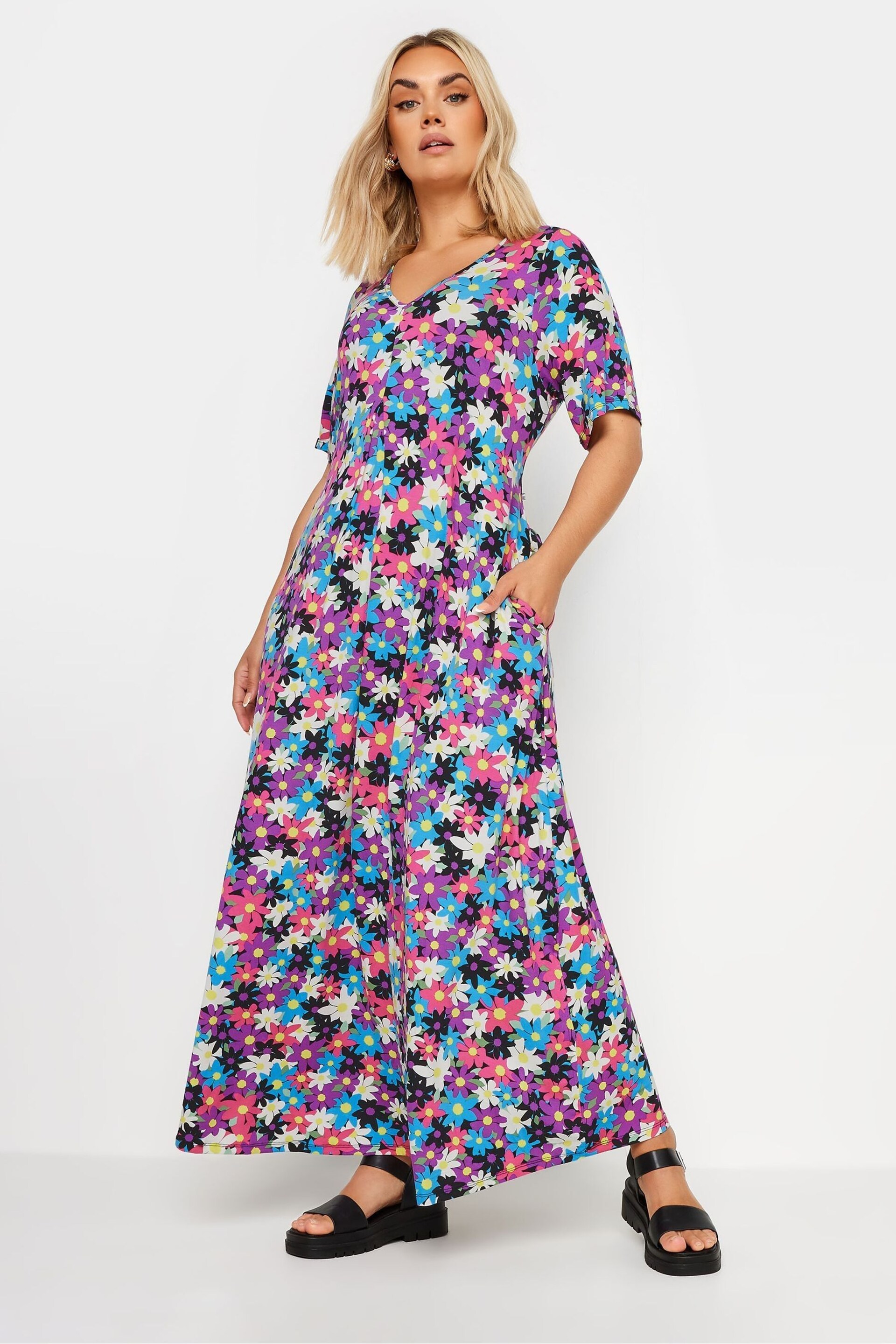 Yours Curve Black & Pink Black & Pink Floral Print Maxi Dress - Image 1 of 5