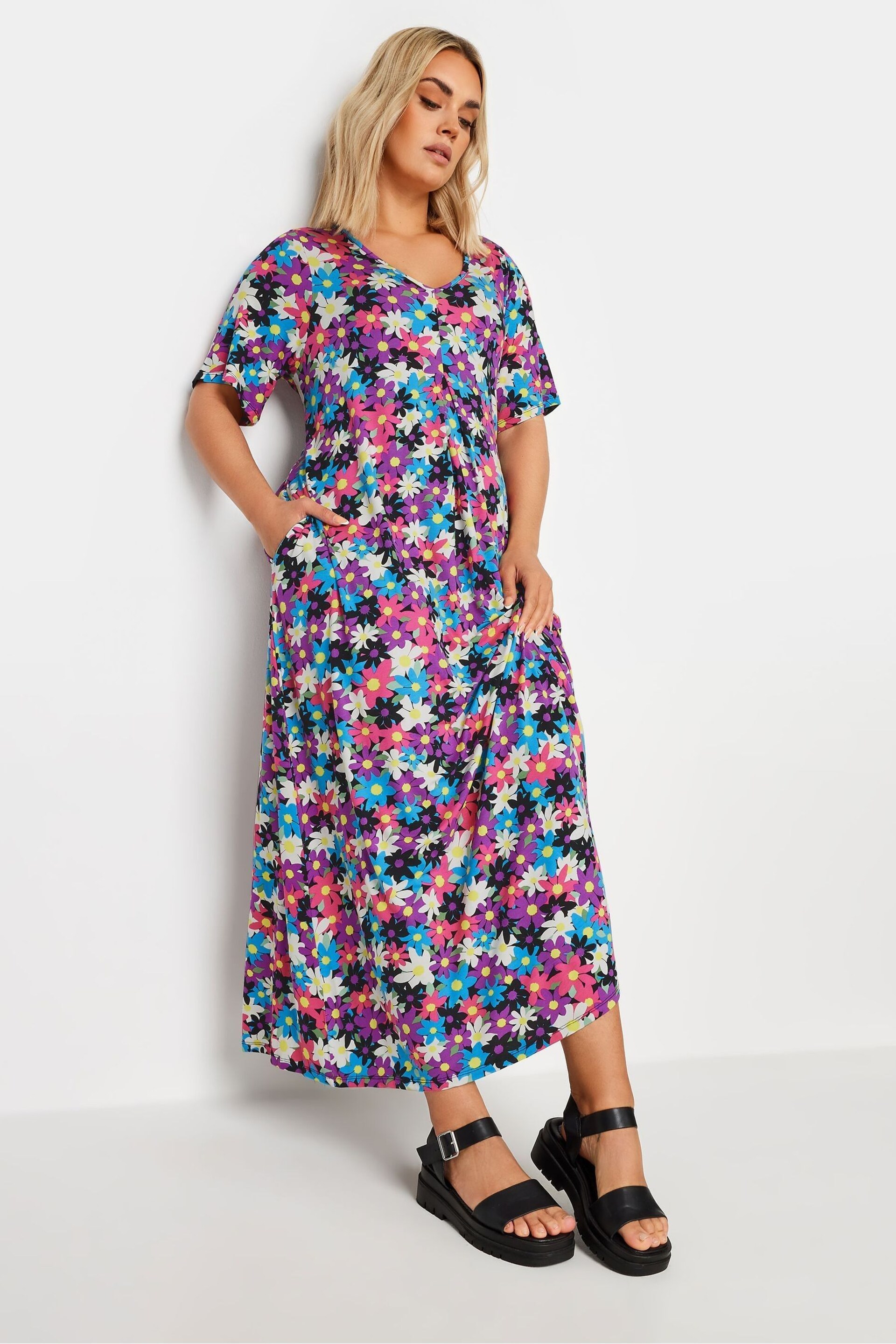 Yours Curve Black & Pink Black & Pink Floral Print Maxi Dress - Image 2 of 5