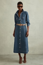 Reiss Indigo Elsa Belted Denim Midi Dress - Image 4 of 6