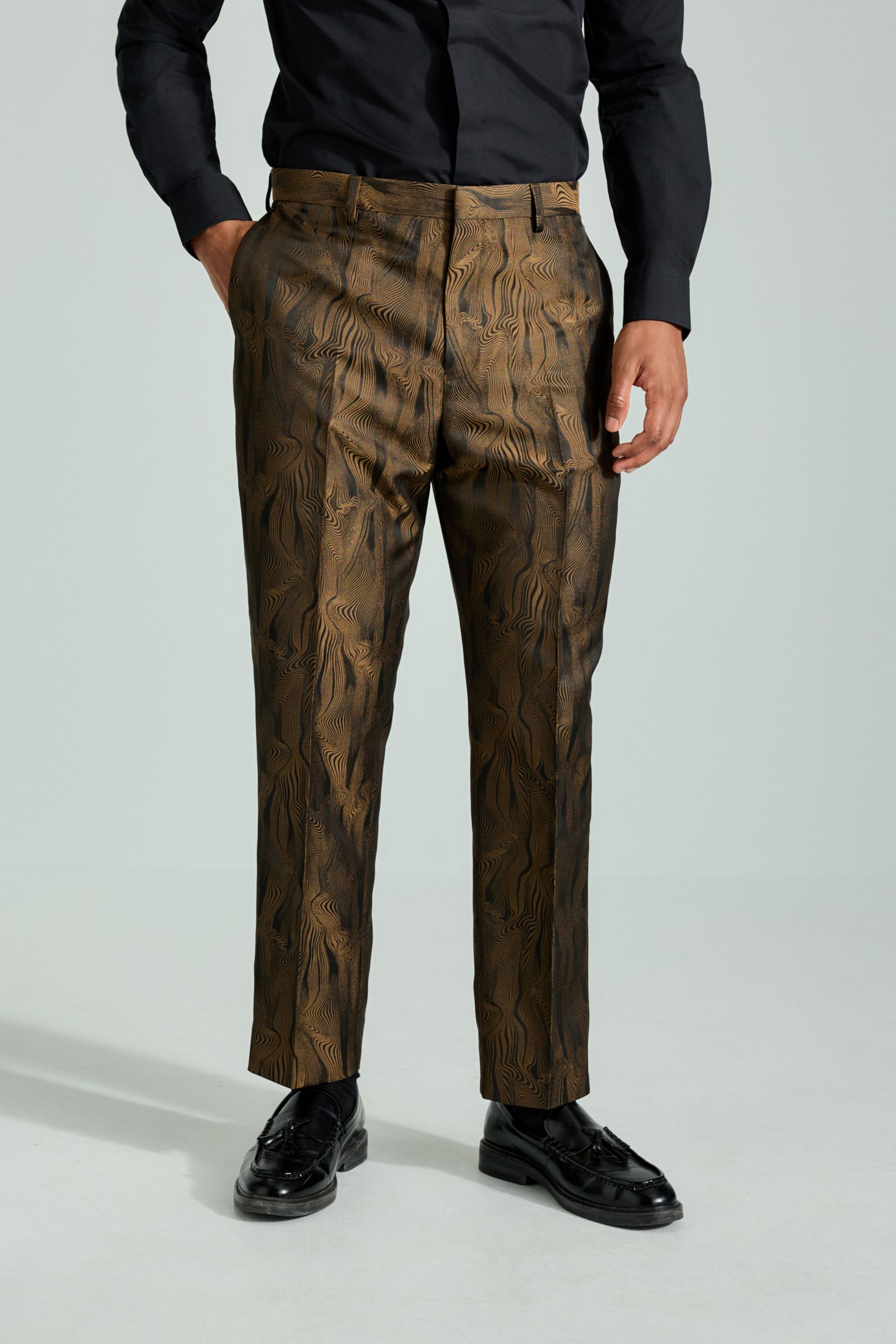 Black Slim Fit Gold Jacquard Tuxedo Suit Trousers