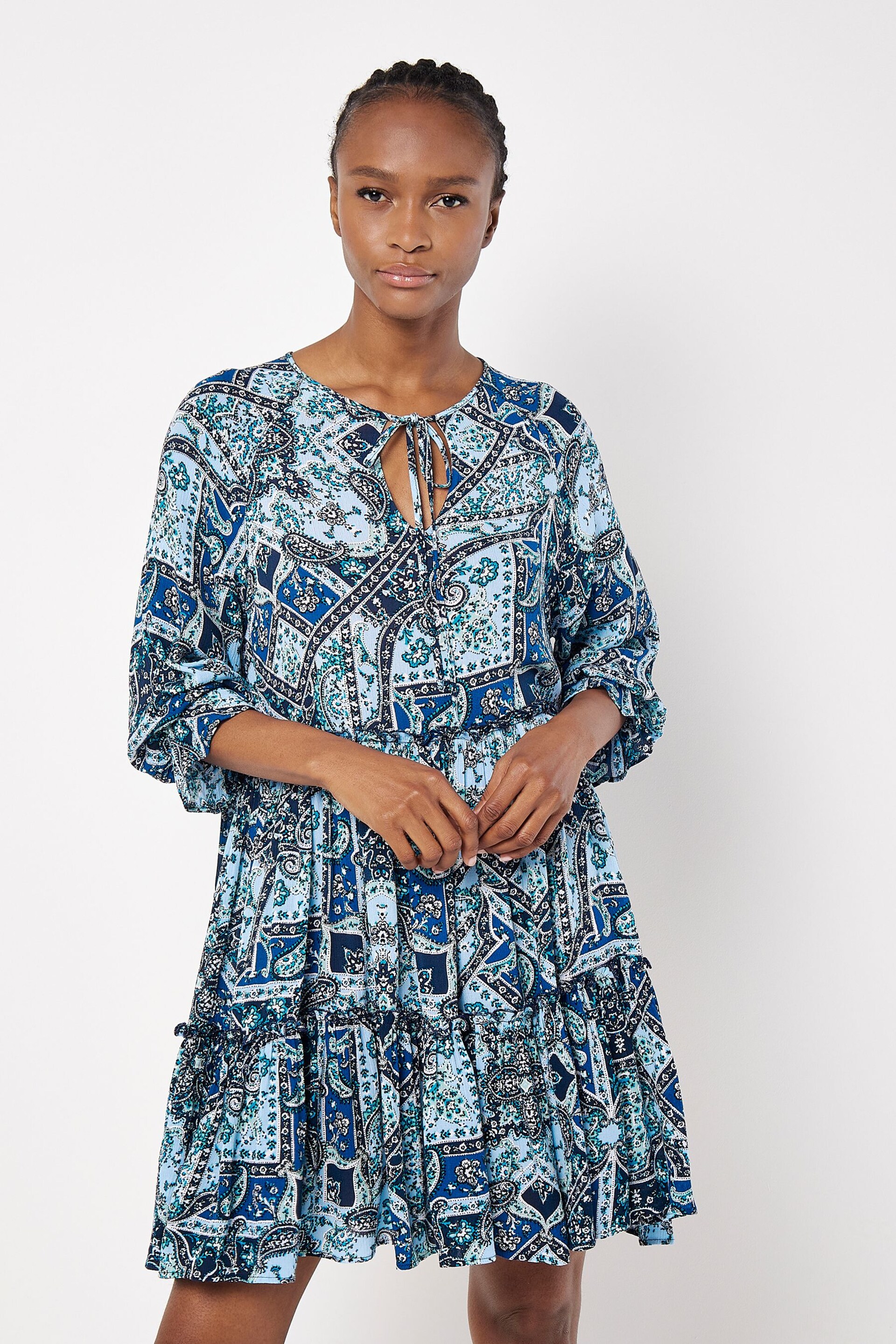 Apricot Blue Scarf Print Tiered Mini Dress - Image 2 of 4