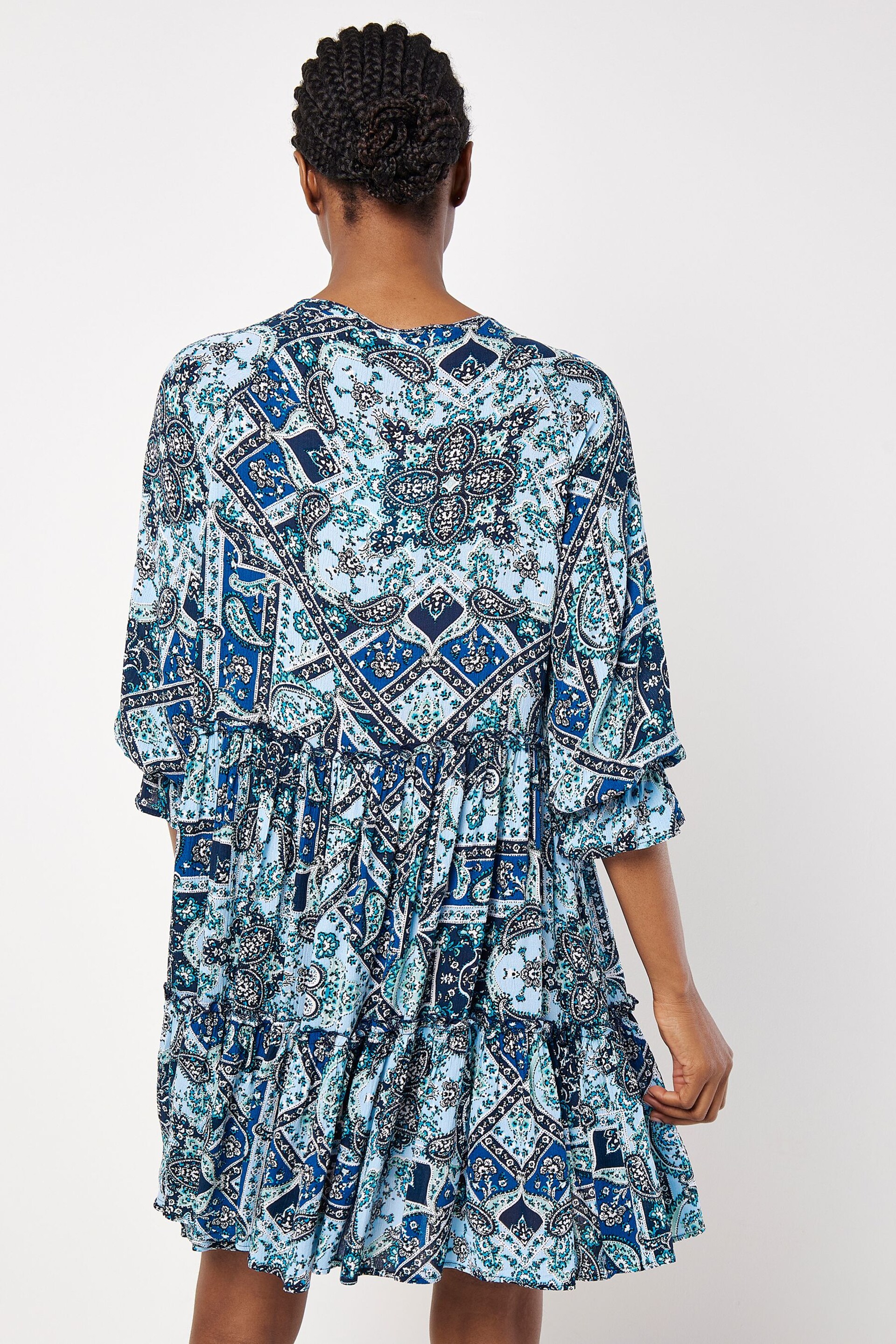 Apricot Blue Scarf Print Tiered Mini Dress - Image 3 of 4