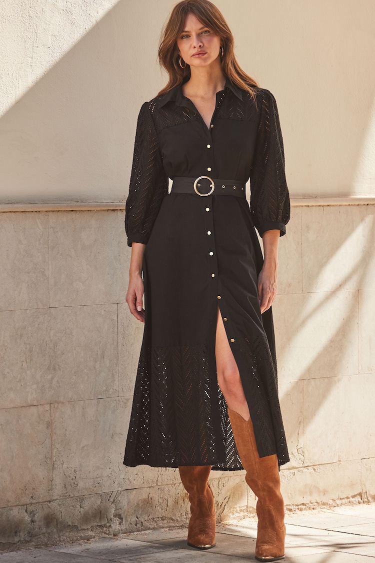 Sosandar Black 100% Cotton Broderie Detail Midi Shirt Dress - Image 1 of 5