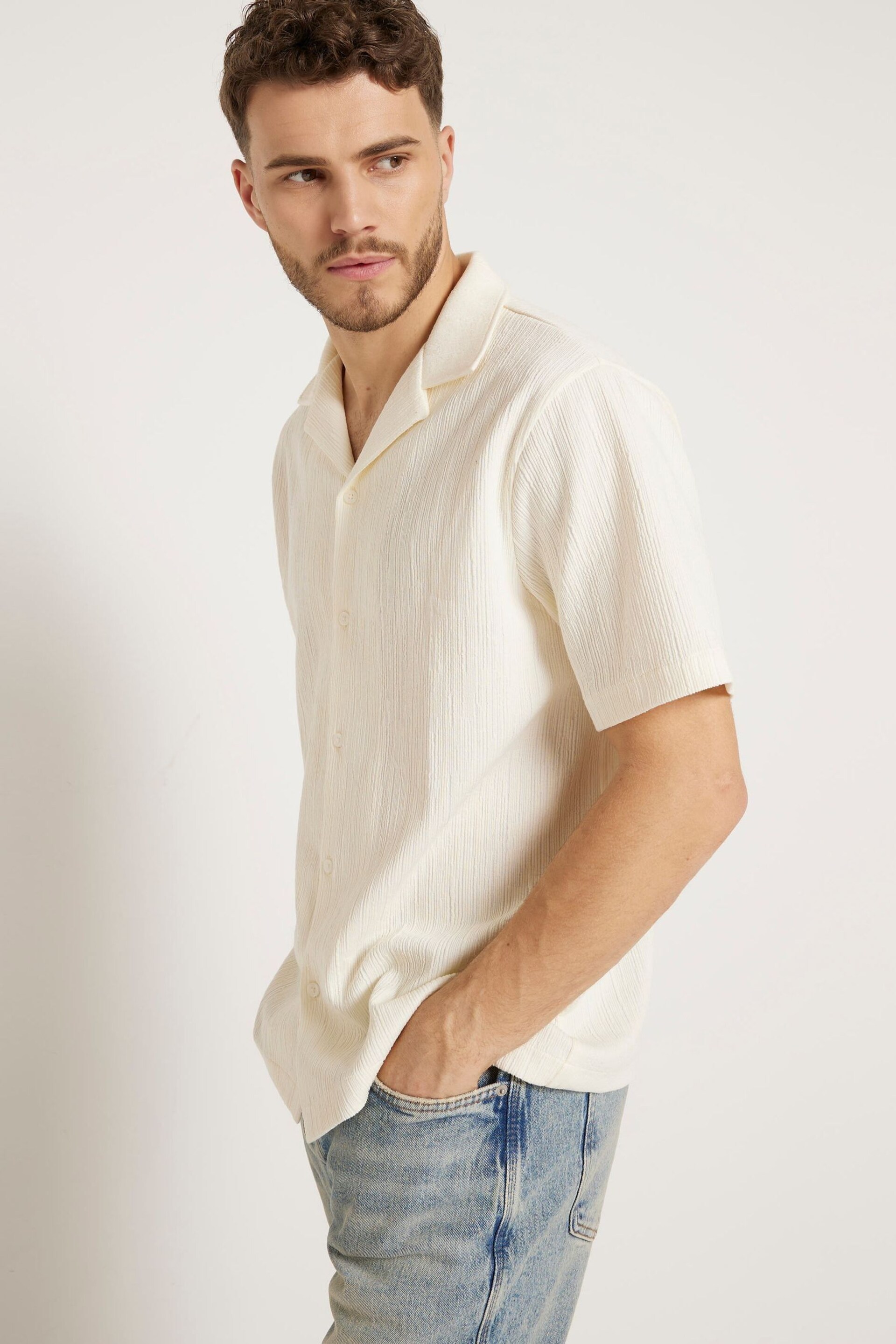River Island Cream Ecru Short Sleeve Regular Fit Revere Plisse Shirt - Image 1 of 6