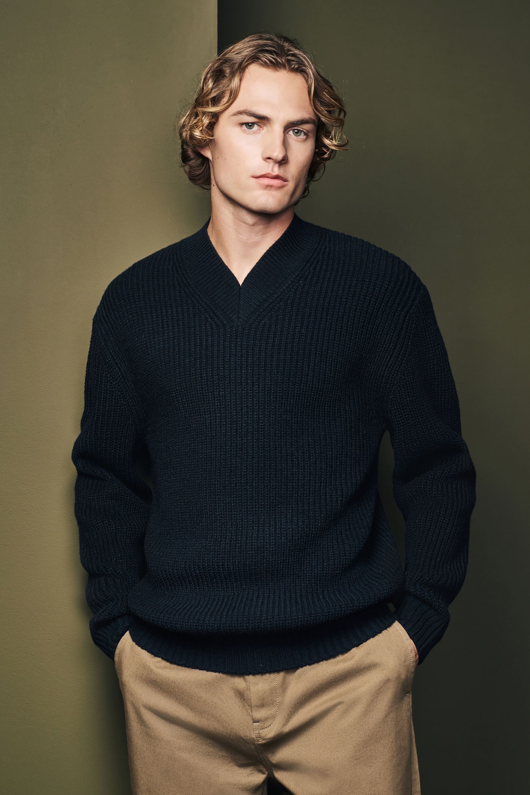 Buy Black V Neck Regular Fit Rib Texture Jumper with Wool from the Next UK online shop
