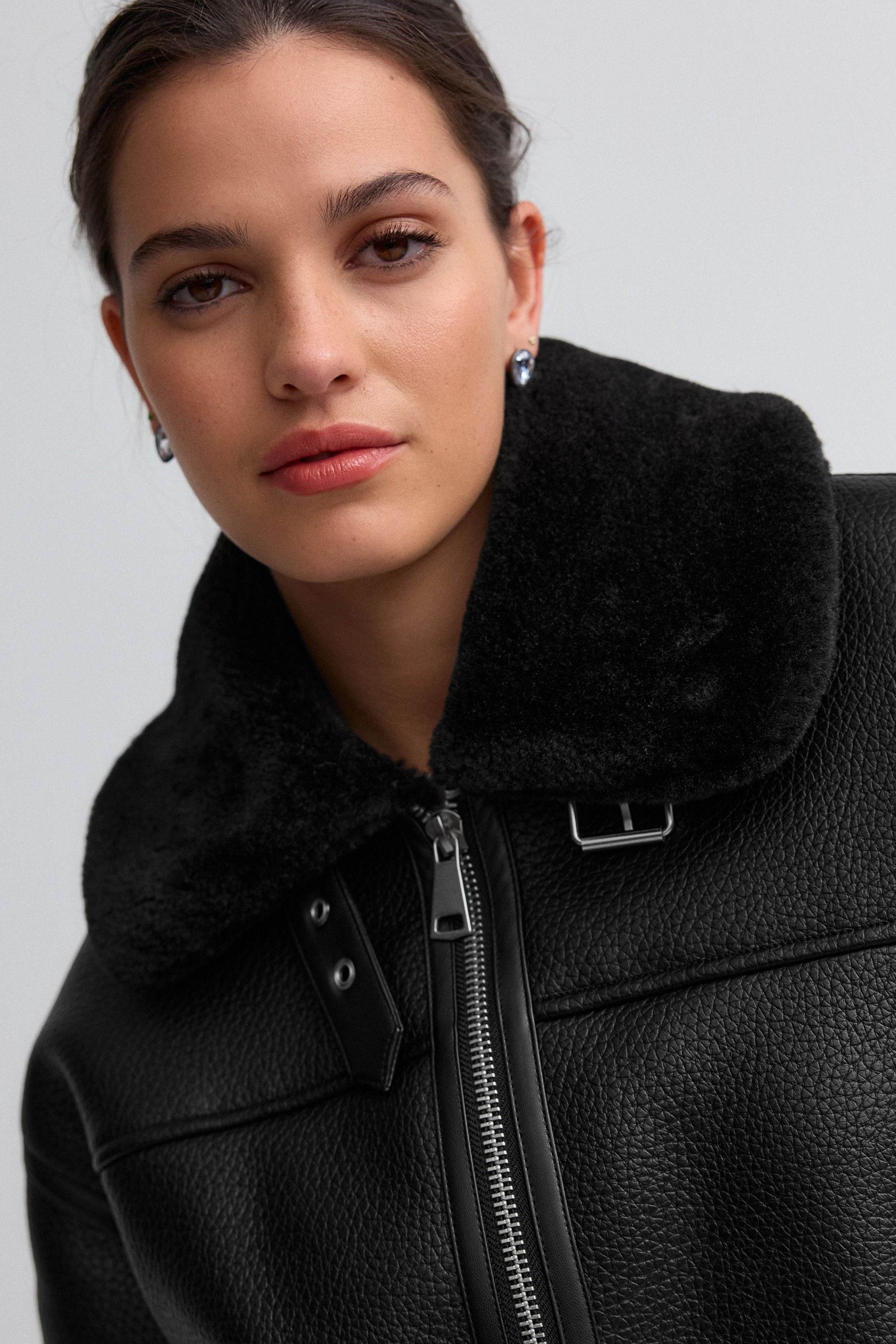Black Aviator Faux Leather Biker Jacket