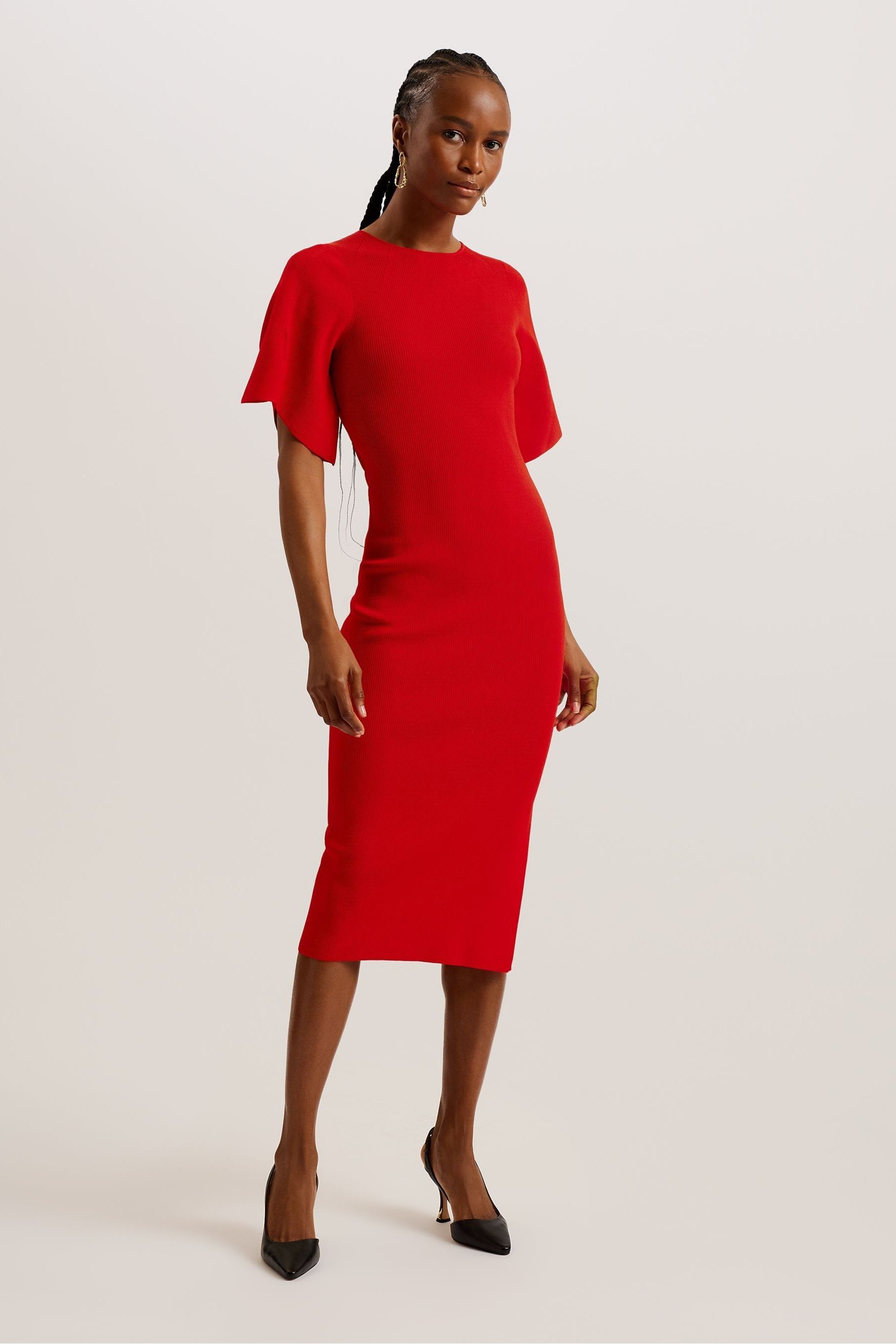 Ted Baker Red Raelea Rib Engineered Bodycon Midi Dress - Image 1 of 5