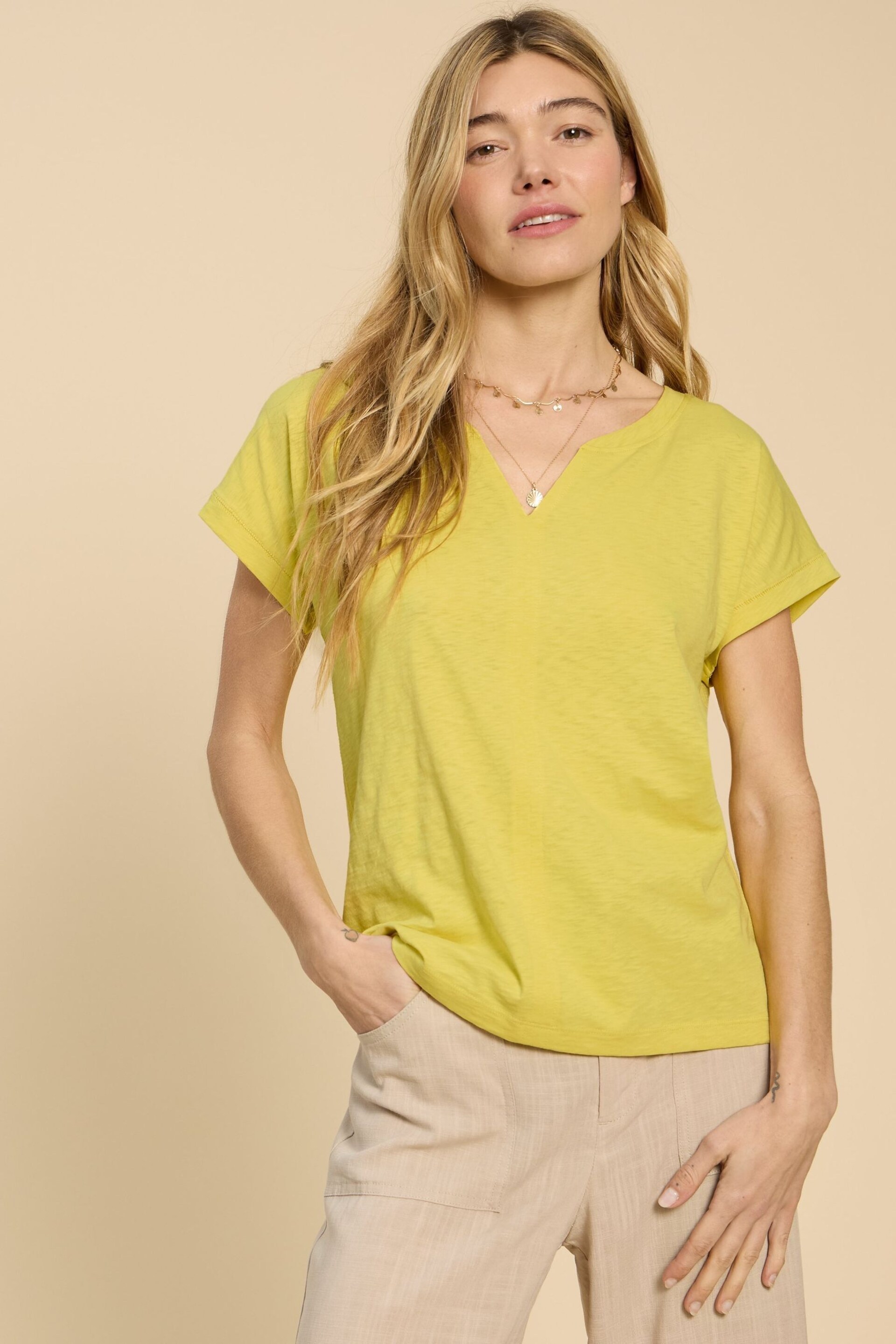 White Stuff Yellow Nelly Notch Neck T-Shirt - Image 2 of 8