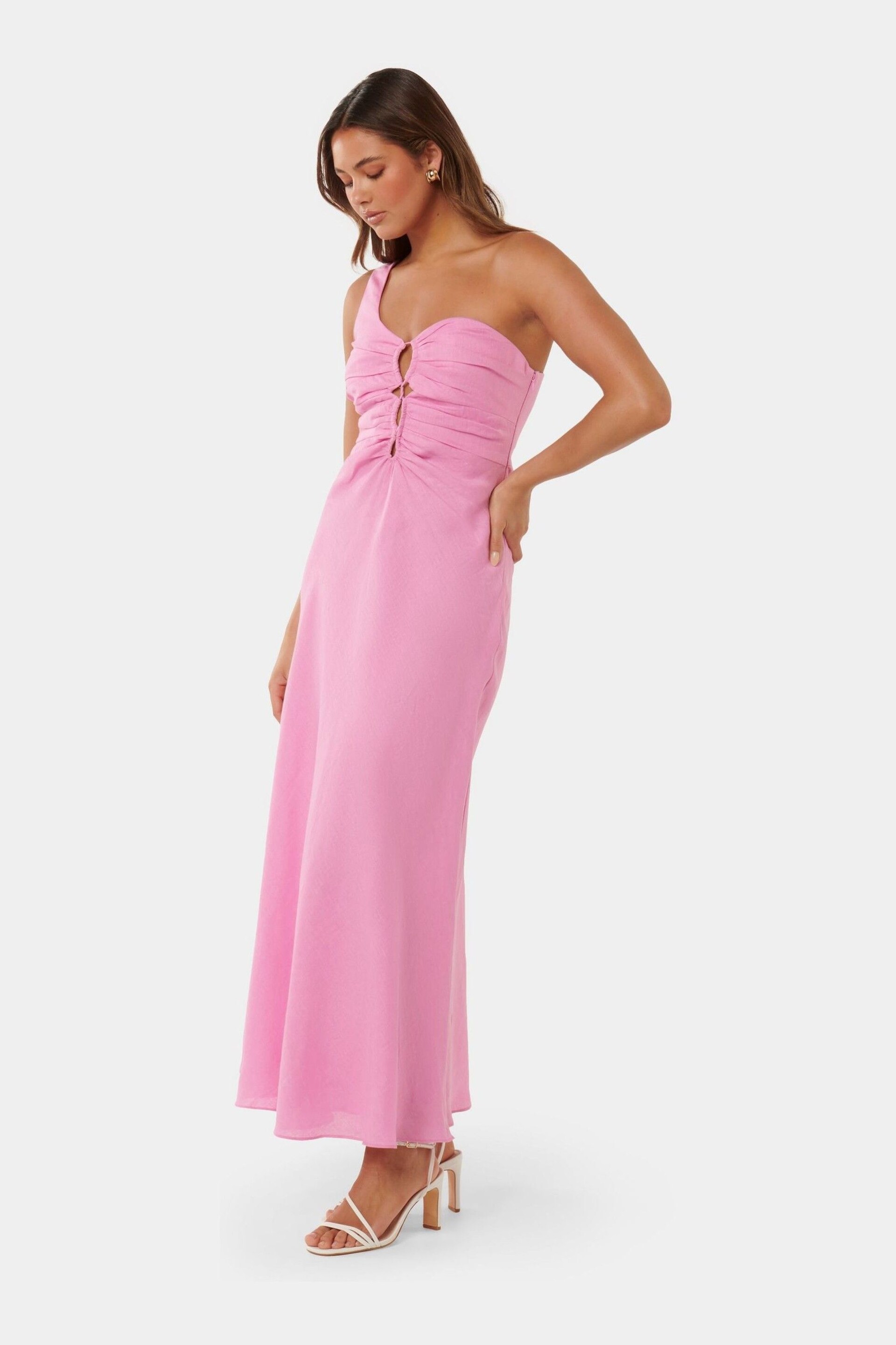 Forever New Pink Pure Linen Dalia One Shoulder Dress - Image 3 of 4