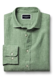 Charles Tyrwhitt Green Slim Fit Plain Short Sleeve Pure 100% Linen Shirt - Image 4 of 6