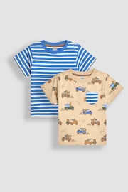 JoJo Maman Bébé Mocha Safari Vehicles Print & Stripe 2-Pack Pocket T-Shirts - Image 1 of 6