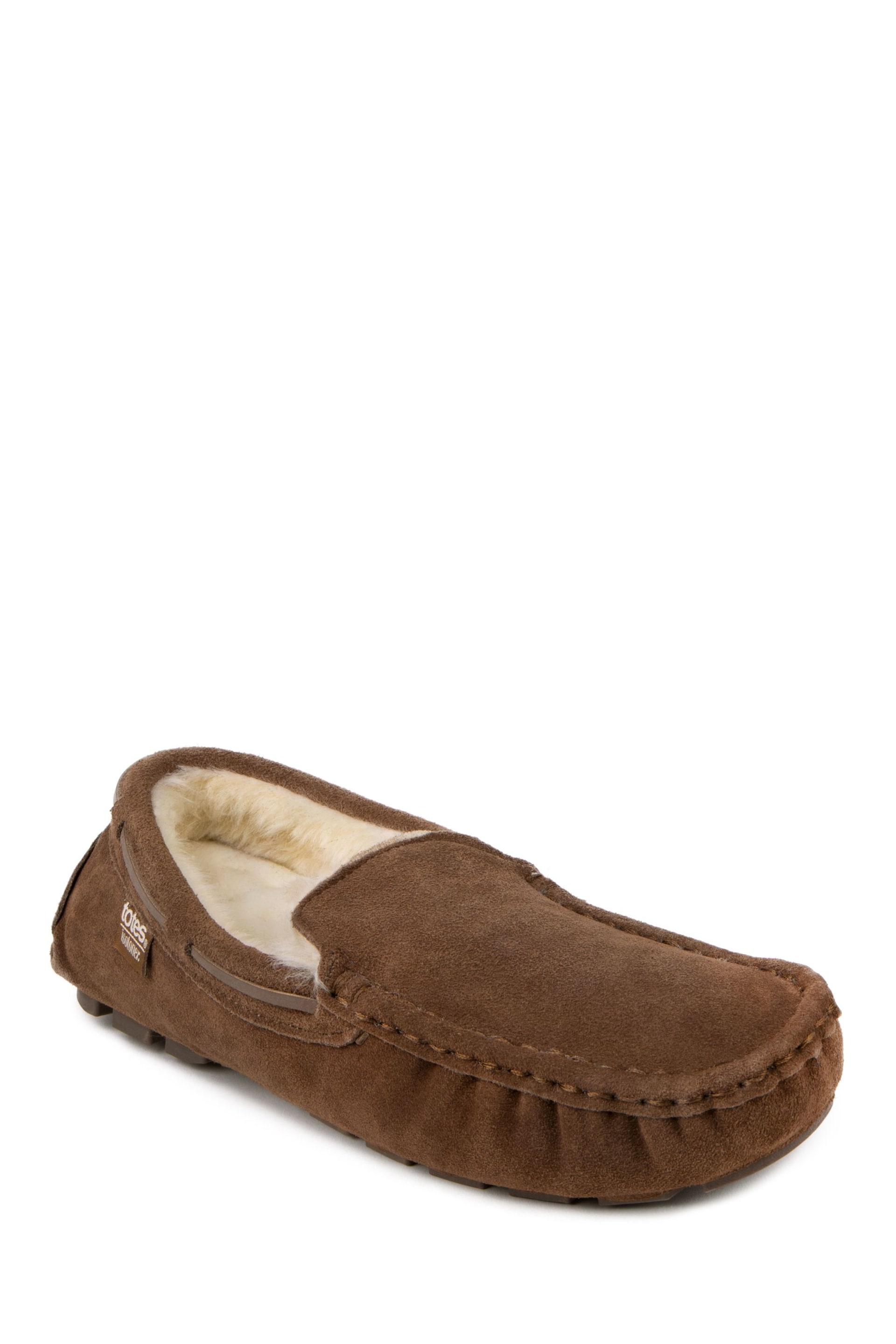 Totes Brown Mens Isotoner Real Suede With Closed Stitch Moccasin Slippers - Image 3 of 5