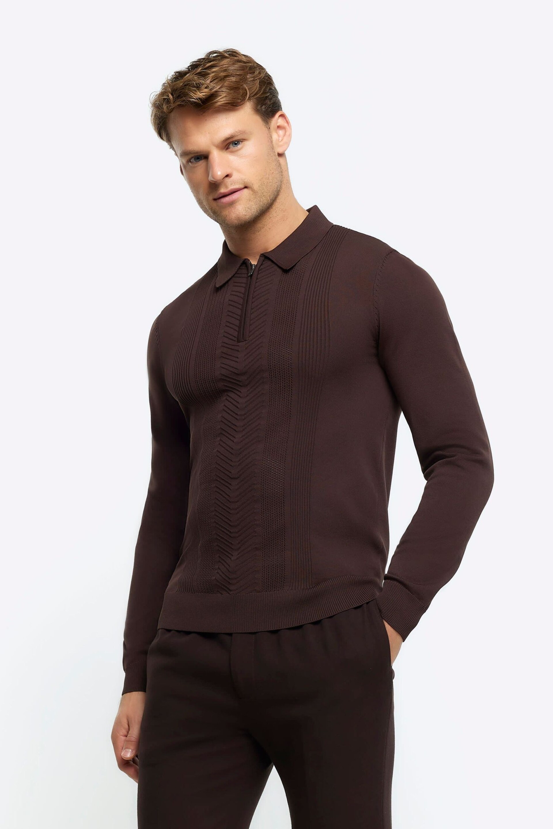 River Island Brown Muscle Fit Long Sleeve Texture Knit Polo Shirt - Image 1 of 4