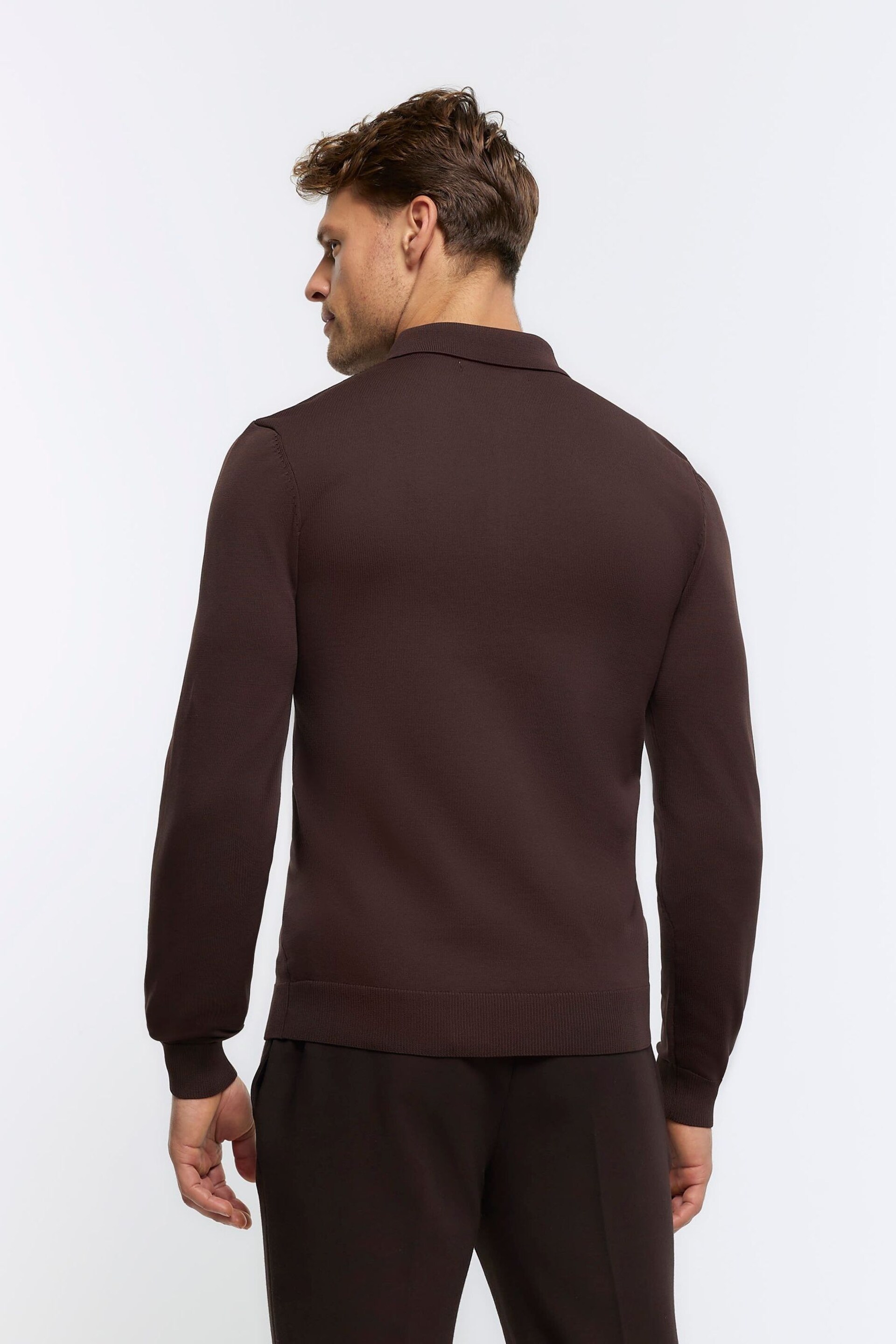 River Island Brown Muscle Fit Long Sleeve Texture Knit Polo Shirt - Image 2 of 4