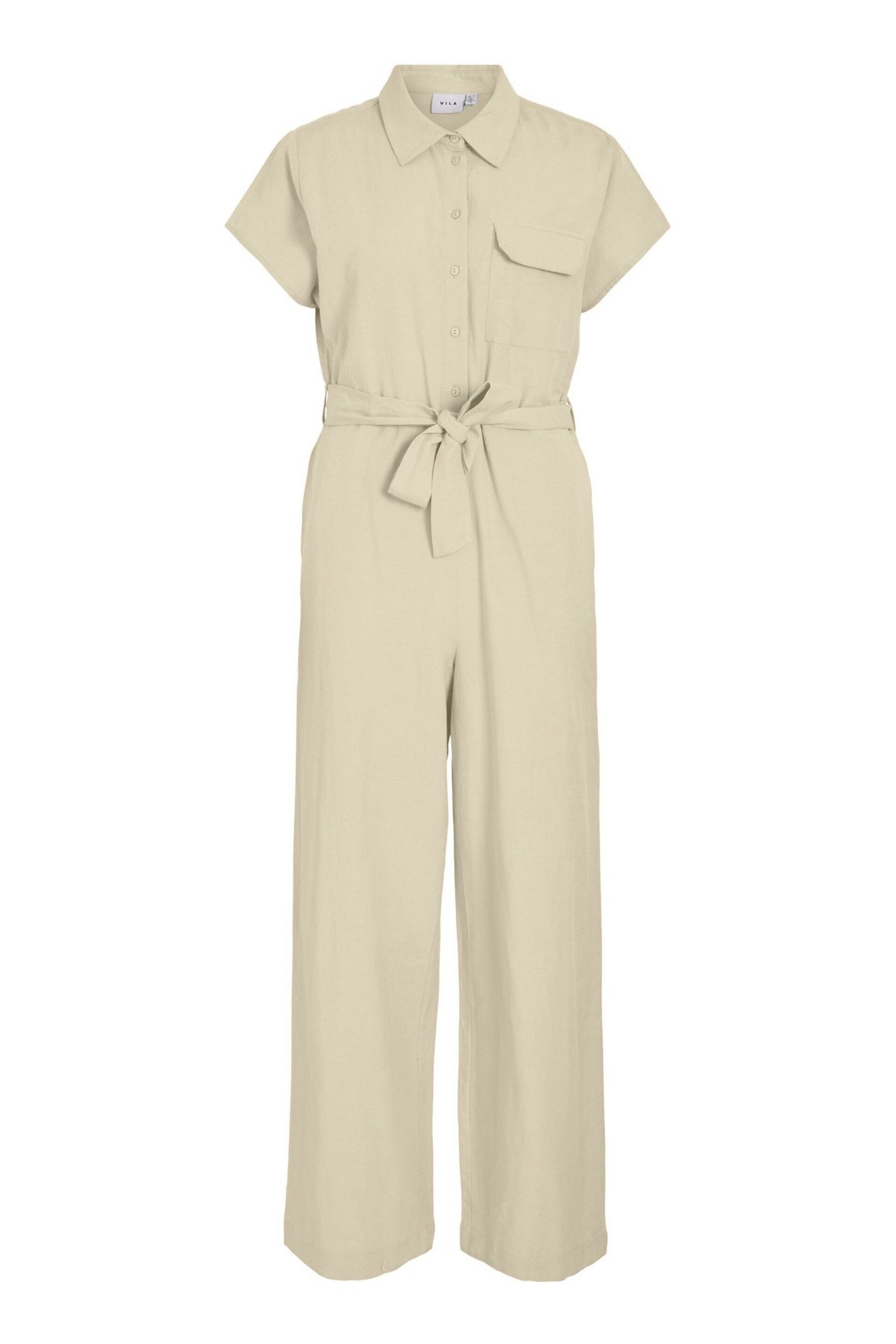 VILA Cream Linen Blend Tie Wasit Jumpsuit - Image 5 of 5