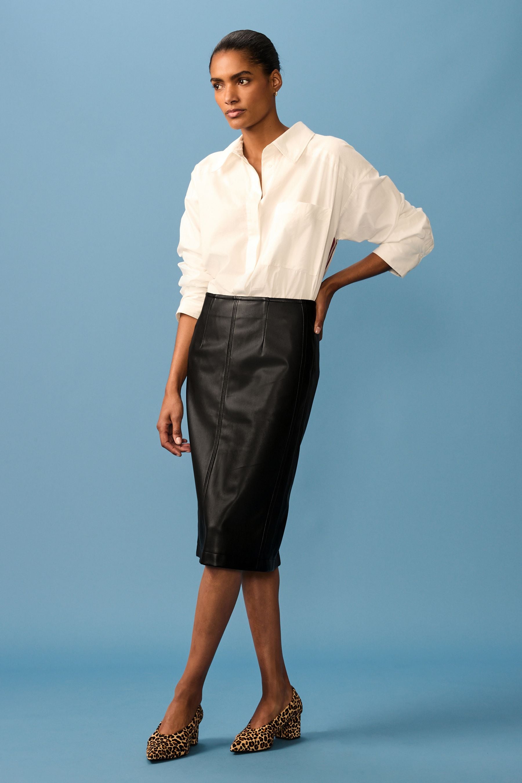 NEXT Black Faux Leather Knee Skirt 10 Womens