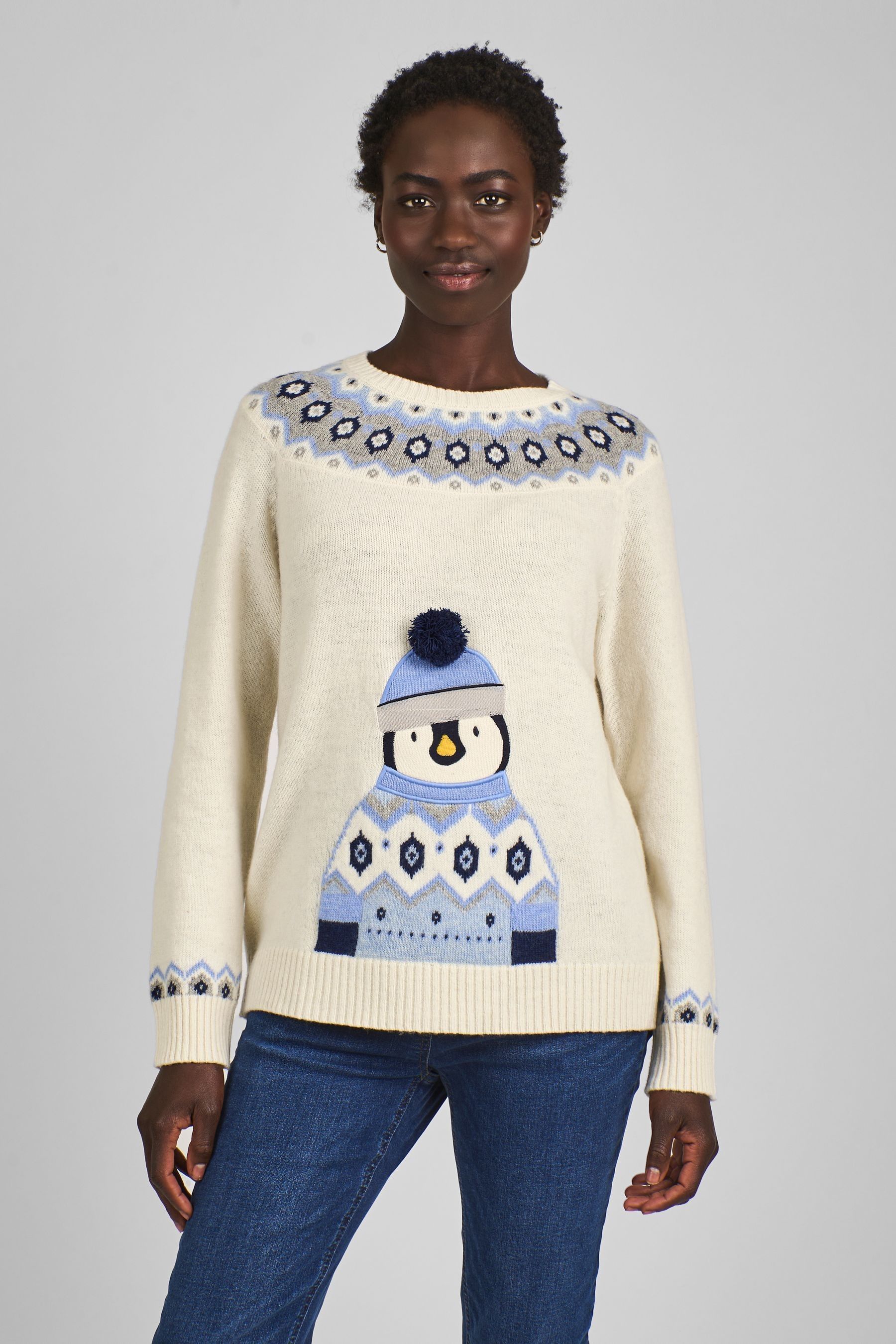 JoJo Maman Bebe Ecru Christmas Penguin Fair Isle Pattern Jumper