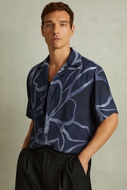 Reiss Indigo Blue Jerry Relaxed Printed Cuban Collar Shirt - Image 1 of 5