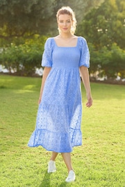 Joe Browns Blue Cotton Broderie Anglaise Puff Sleeve Tiered Midi Dress - Image 1 of 7