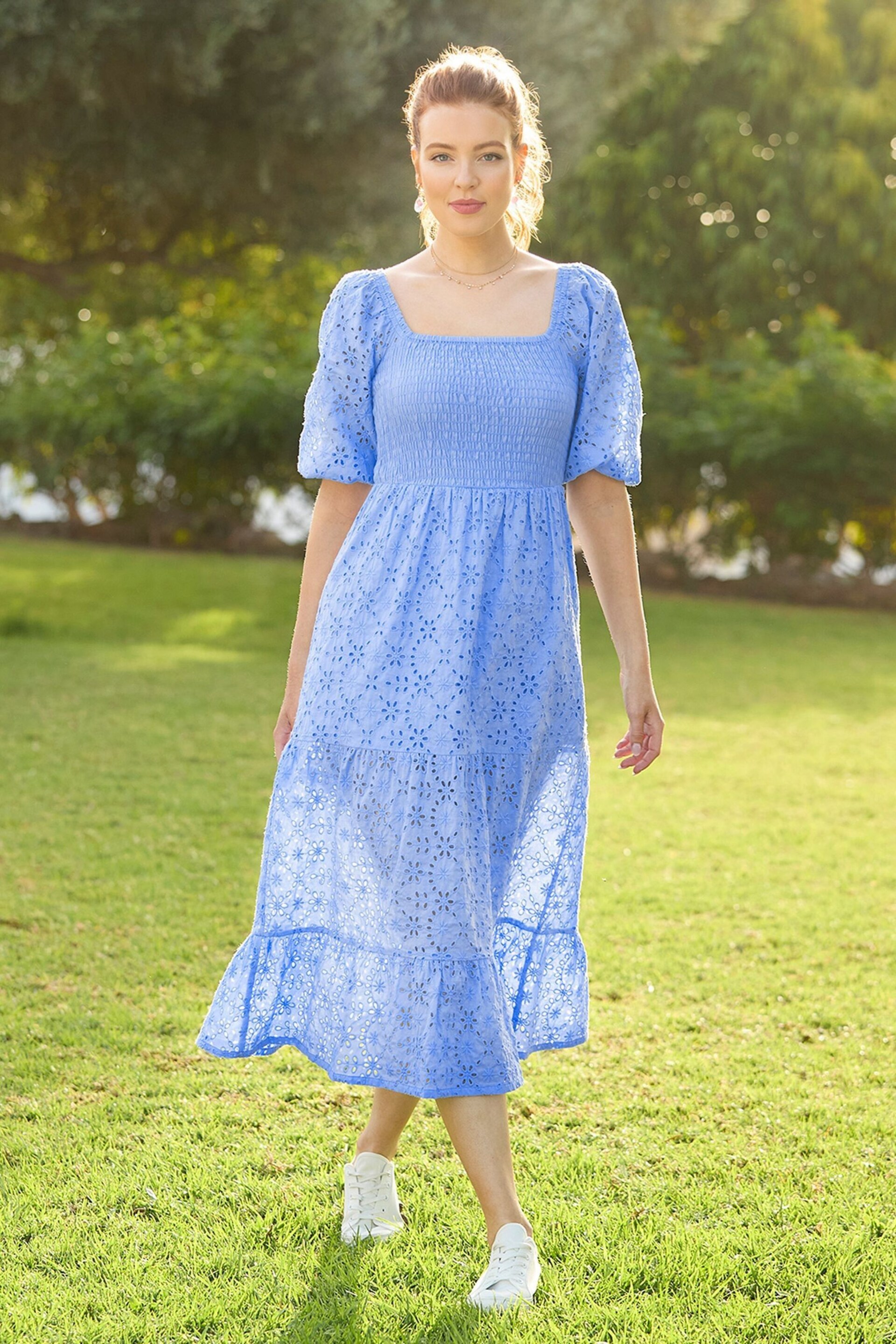 Joe Browns Blue Cotton Broderie Anglaise Puff Sleeve Tiered Midi Dress - Image 1 of 7