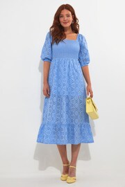 Joe Browns Blue Cotton Broderie Anglaise Puff Sleeve Tiered Midi Dress - Image 2 of 7