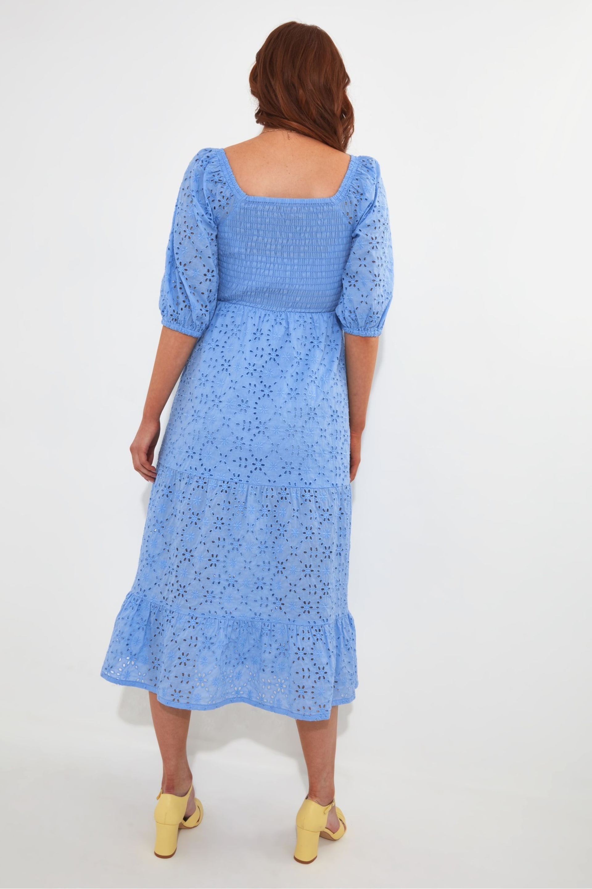 Joe Browns Blue Cotton Broderie Anglaise Puff Sleeve Tiered Midi Dress - Image 3 of 7