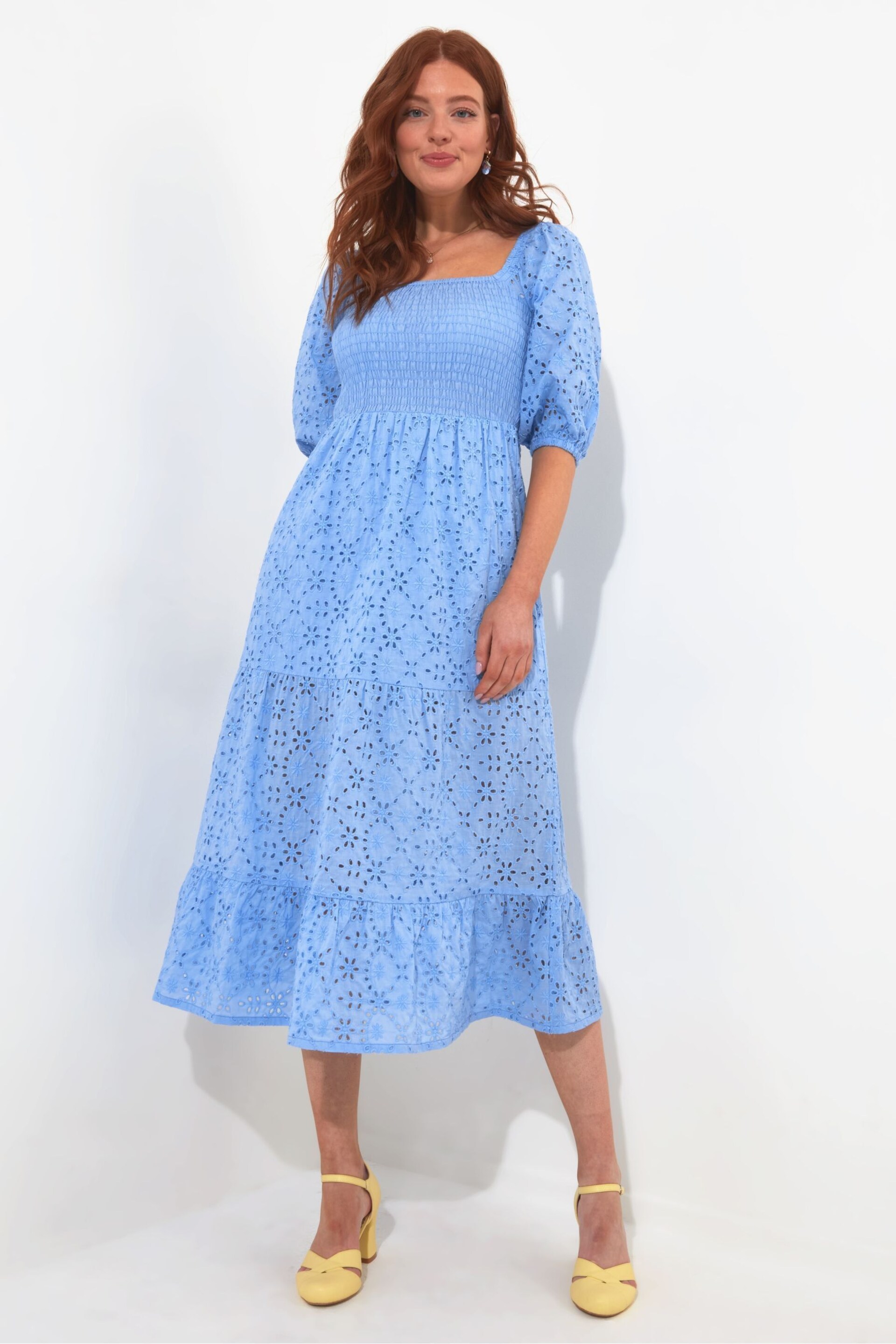 Joe Browns Blue Cotton Broderie Anglaise Puff Sleeve Tiered Midi Dress - Image 6 of 7
